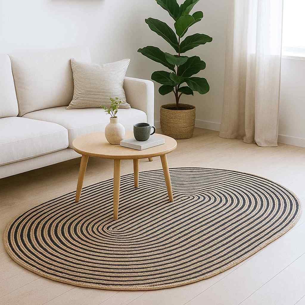 Tapis ovale en jute - 122 x 183 cm - Tapis en fibres naturelles tissées à la main - Naturel et noir - Pour salon et couloir - Tapis tissé moderne de style bohème pour l'intérieur