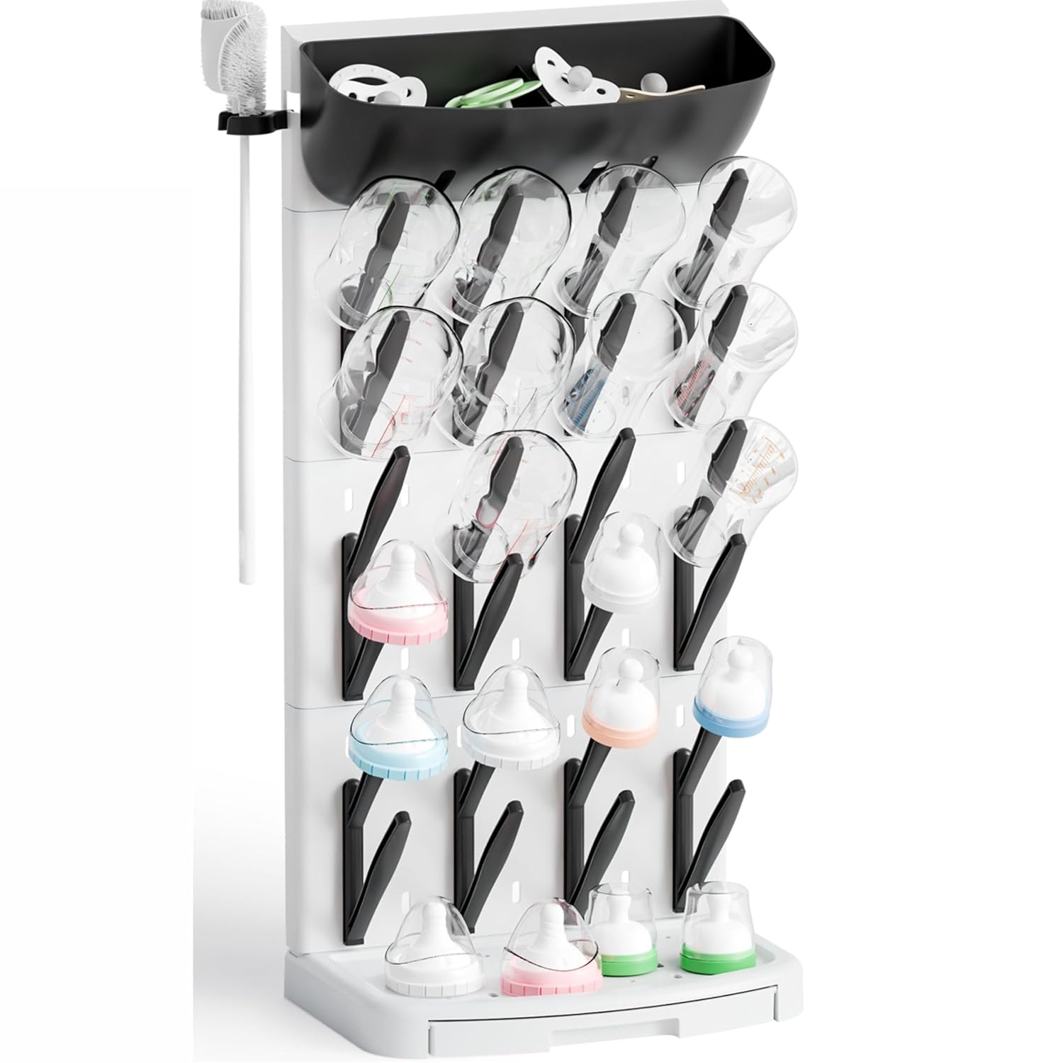 SuoXing Vertical Baby Bottle Drying Rack with Brush- Hold 24 Bottles - Large Breast Pump,Bottle Dryer Rack for Kitchen Countertop,Space Saving Bottle Stand Holder for Pacifiers,Pump Accessories,Black