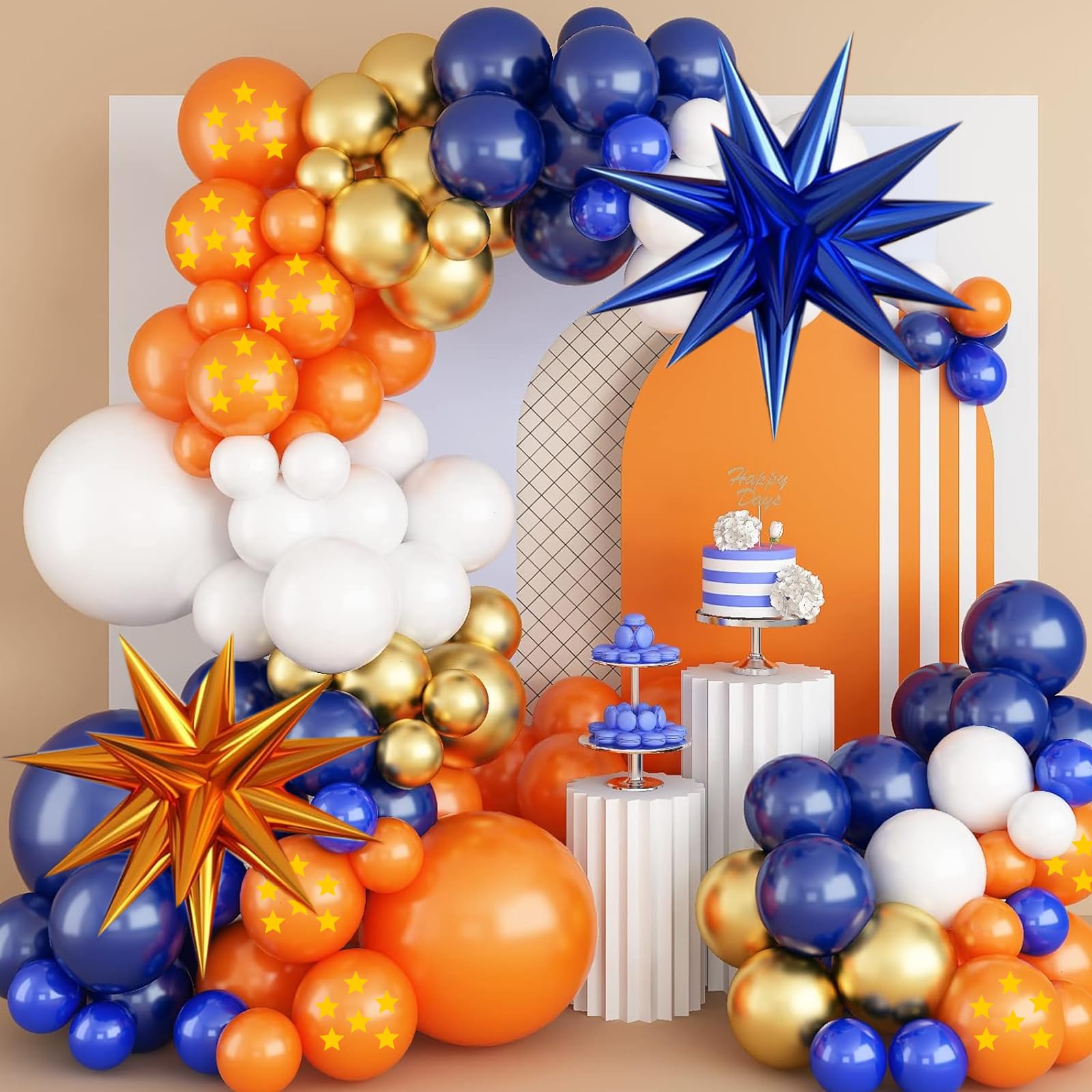 112PCS birthday decorations party supplies Dark blue white orange blue gold Latex Balloons.2PCS aluminum foil balloons Kids Birthday Baby Shower Party