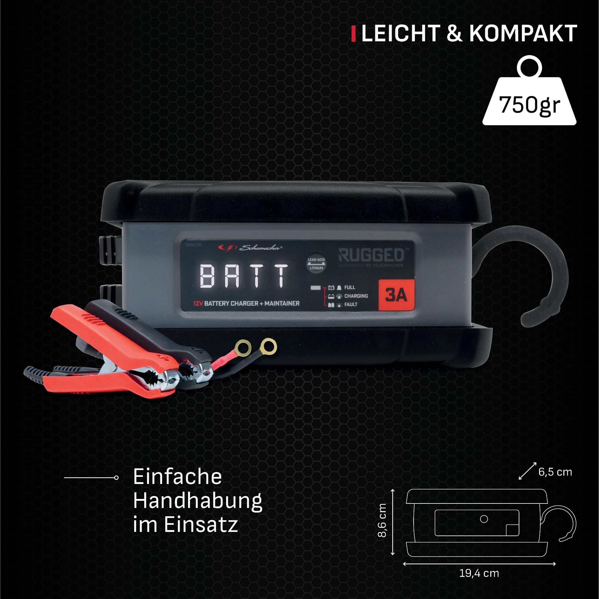 Schumacher Rugged SPX 458 Automatisches und intelligentes Lade- und Erhaltungsgerät 12V, 3A - für Motorrad, Auto, Boot, Jetski, Quad, Rasenmäher, Minitraktor - Schutzart IP54 (Staub und Feuchtigkeit)