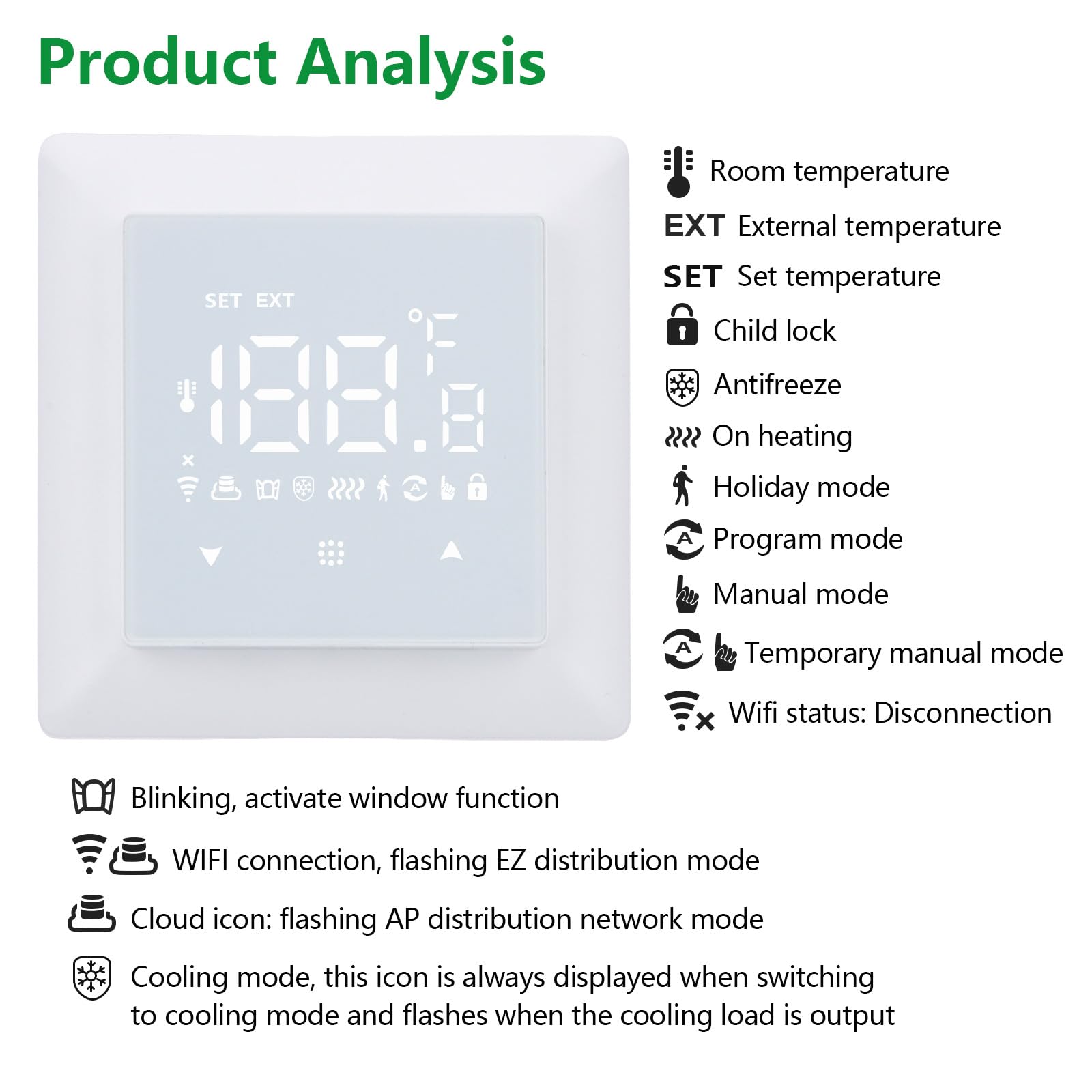 Wengart Thermostat Wi-FI WG511, Modes Chaud et Froid, détection d'ouverture de fenêtre réglable, Compatible Alexa et Google Home, AC230 V 3 A 2,4 GHz, Fonctionne pour Le Chauffage au Sol à Eau