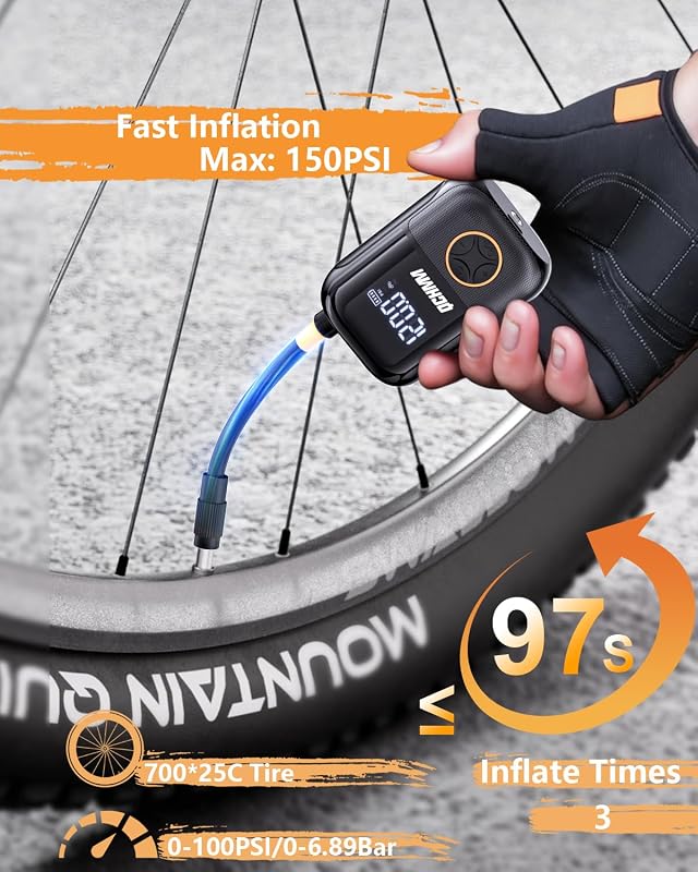 QCHMM Hordozható Elektromos Kerékpárpumpa 120 PSI - Nyomásmérővel, Presta és Schrader Szelepekhez, Újratölthető Akkumulátorral, Országúti és