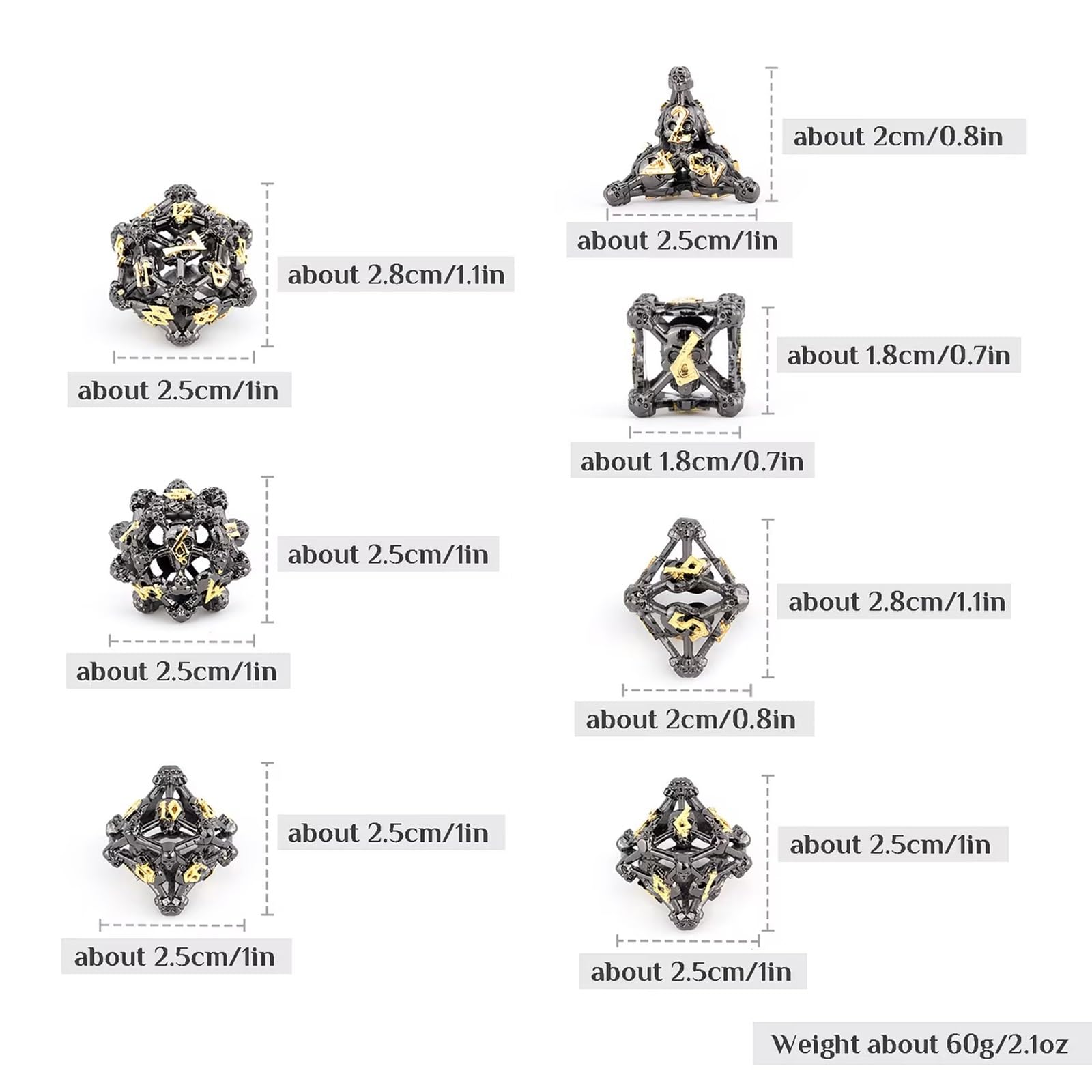 Ensemble de 7 Dés en Métal à Tête de Mort Noire et Jaune, Polyèdres Creux, Compatibles avec Les Jeux de Rôle de Plateau et de Cartes
