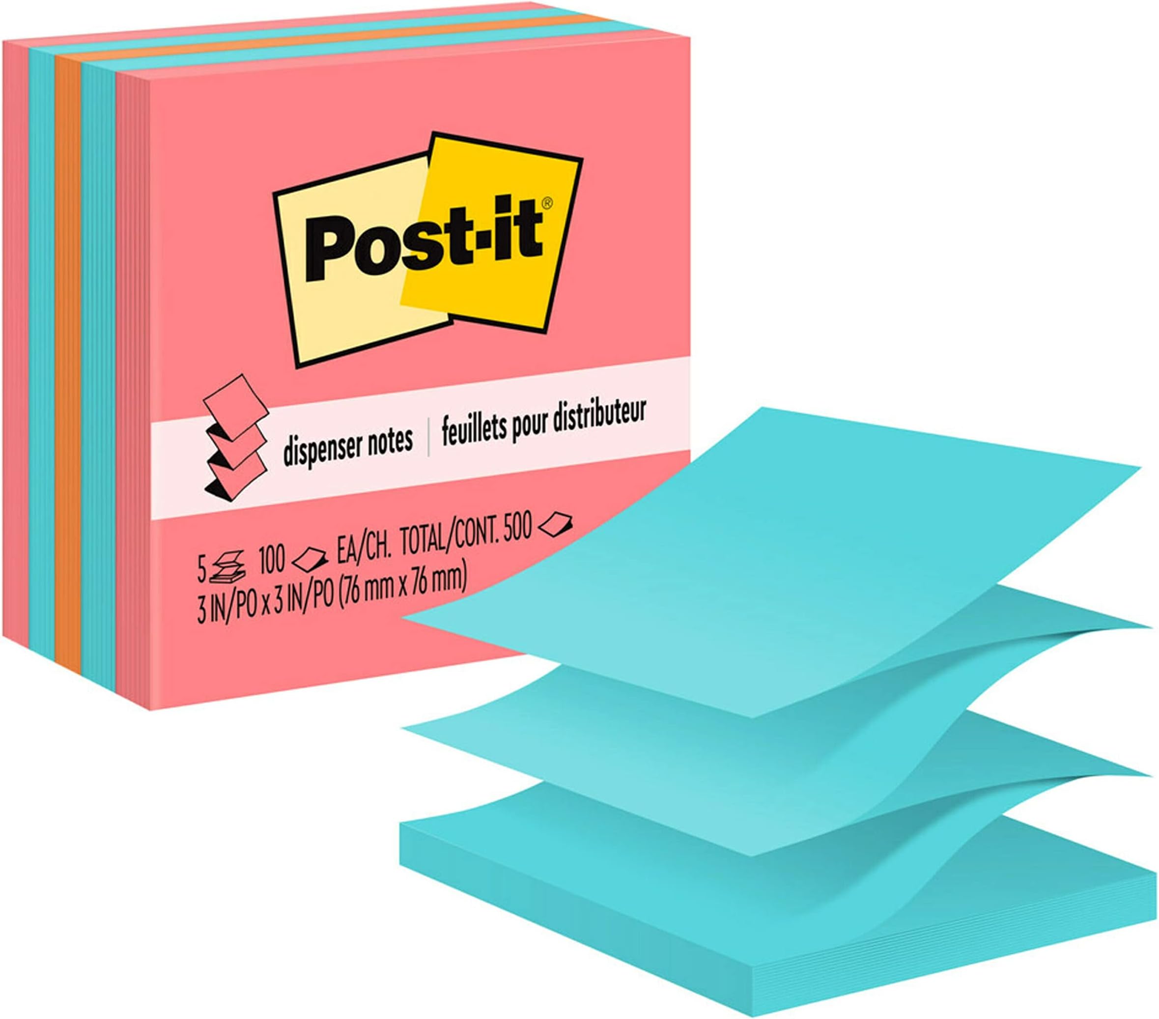 Post-it Pop-up Notes, 3 x 3 in, Assorted Brights, 5 Pads, 100 Sheets/Pad | School Supplies, Office Products, Accordion Sticky Notes work with Pop-Up Note Dispenser