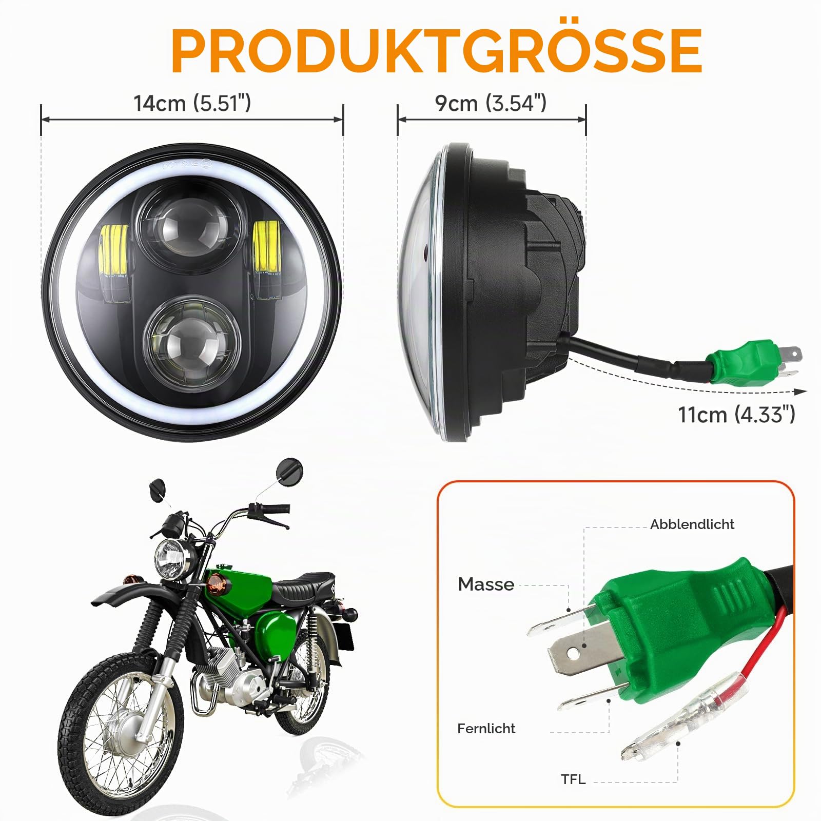 DREAMIZER 5,75" LED Motorradscheinwerfer kompatibel mit Simson S51 S70 S50 S50B Tuning, 12V Motorrad Rundscheinwerfer mit Tagfahrlicht, Fern und Abblendlicht, 7500K, IP67 wasserdicht, Plug & Play