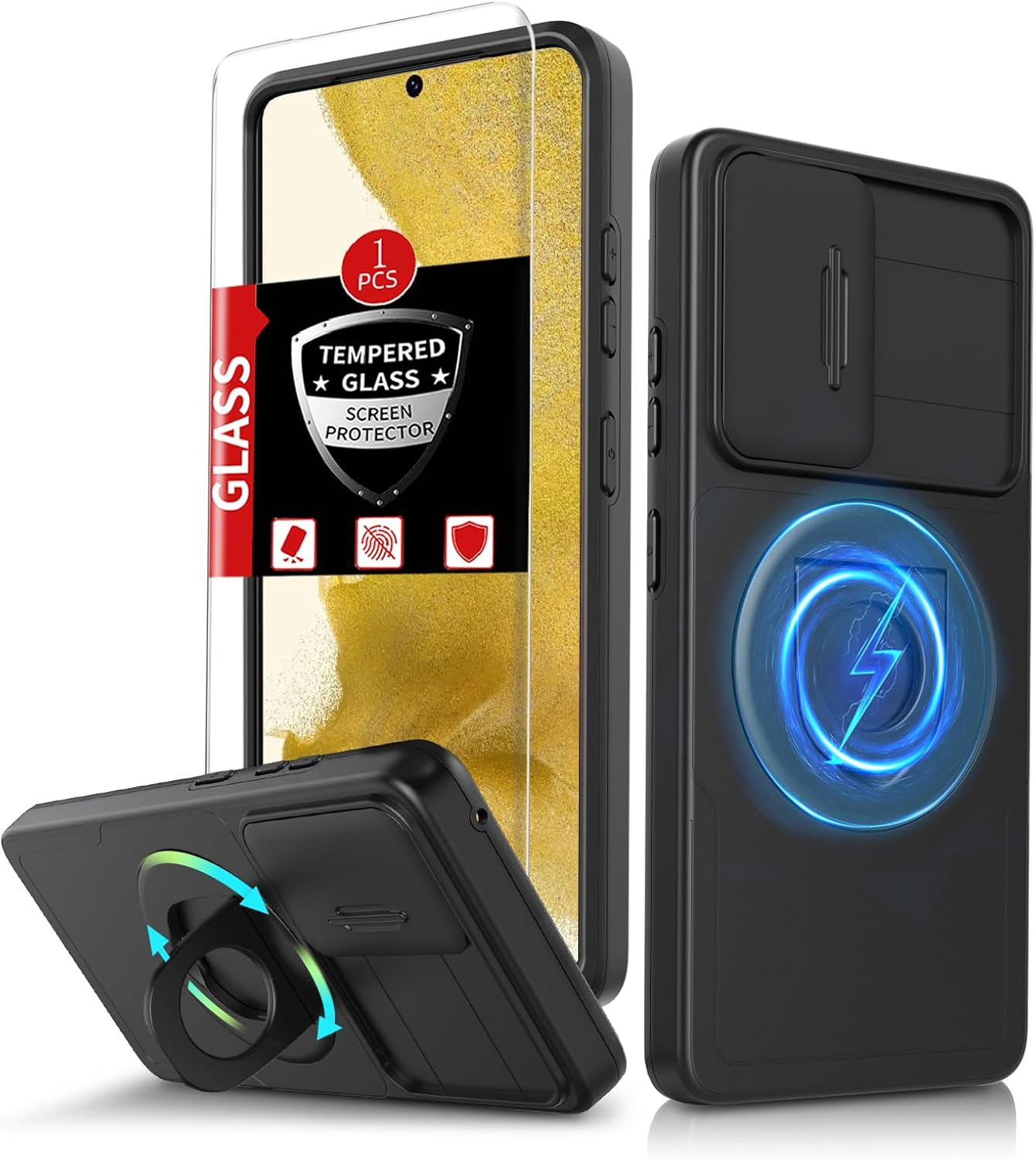 for Samsung Galaxy S22 Case Magnetic Compatible with MagSafe Wireless Charging,with Screen Protector,Built-in Kickstand Ring+Camera Cover Anti-Scratch Shockproof Heavy Duty Protection Black for Galaxy S22 Black