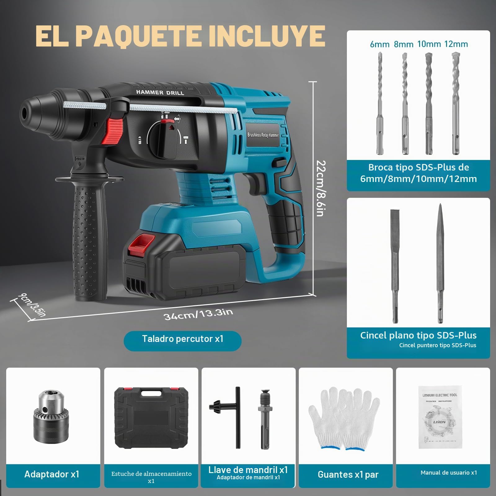 18V 2.5 J Taladro Percutor a Baterías Profesional, Compatible con Baterías Serie 18V BL, Incluye 10 Brocas, Mango Antivibraciones y Embrague de Seguridad