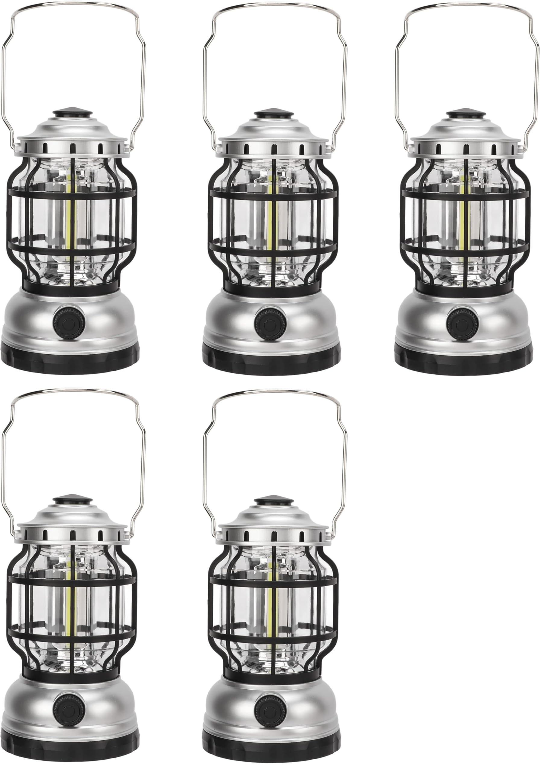 5 Pezzi Lanterna da Campeggio Multifunzione - Ricaricabile Solare e USB, 2 Modalità di Illuminazione - CW976-5PZ (Argento)