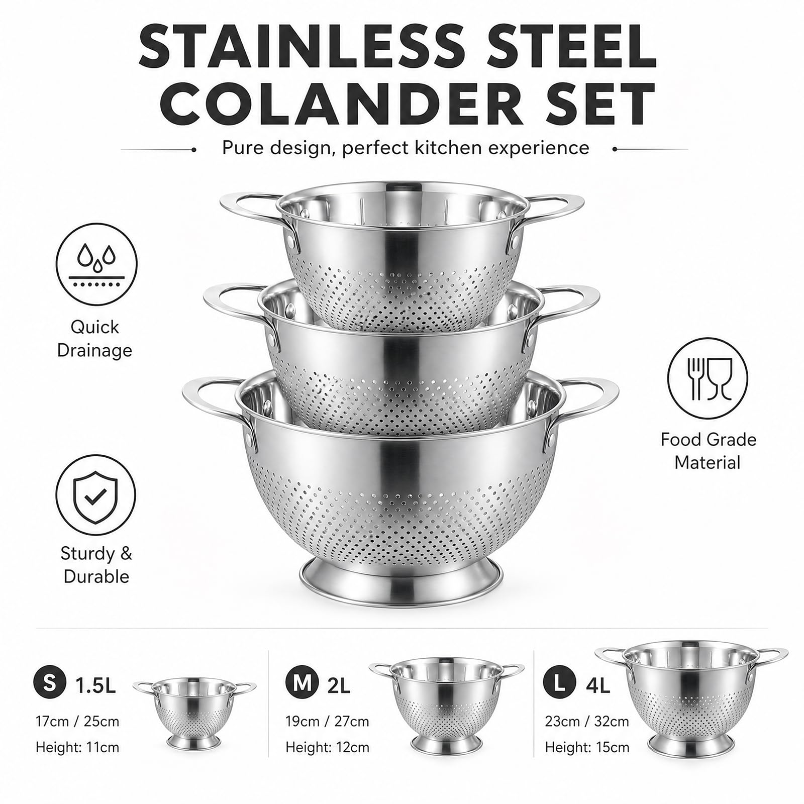 Set di 3 colini da cucina in acciaio inox, con manico e base