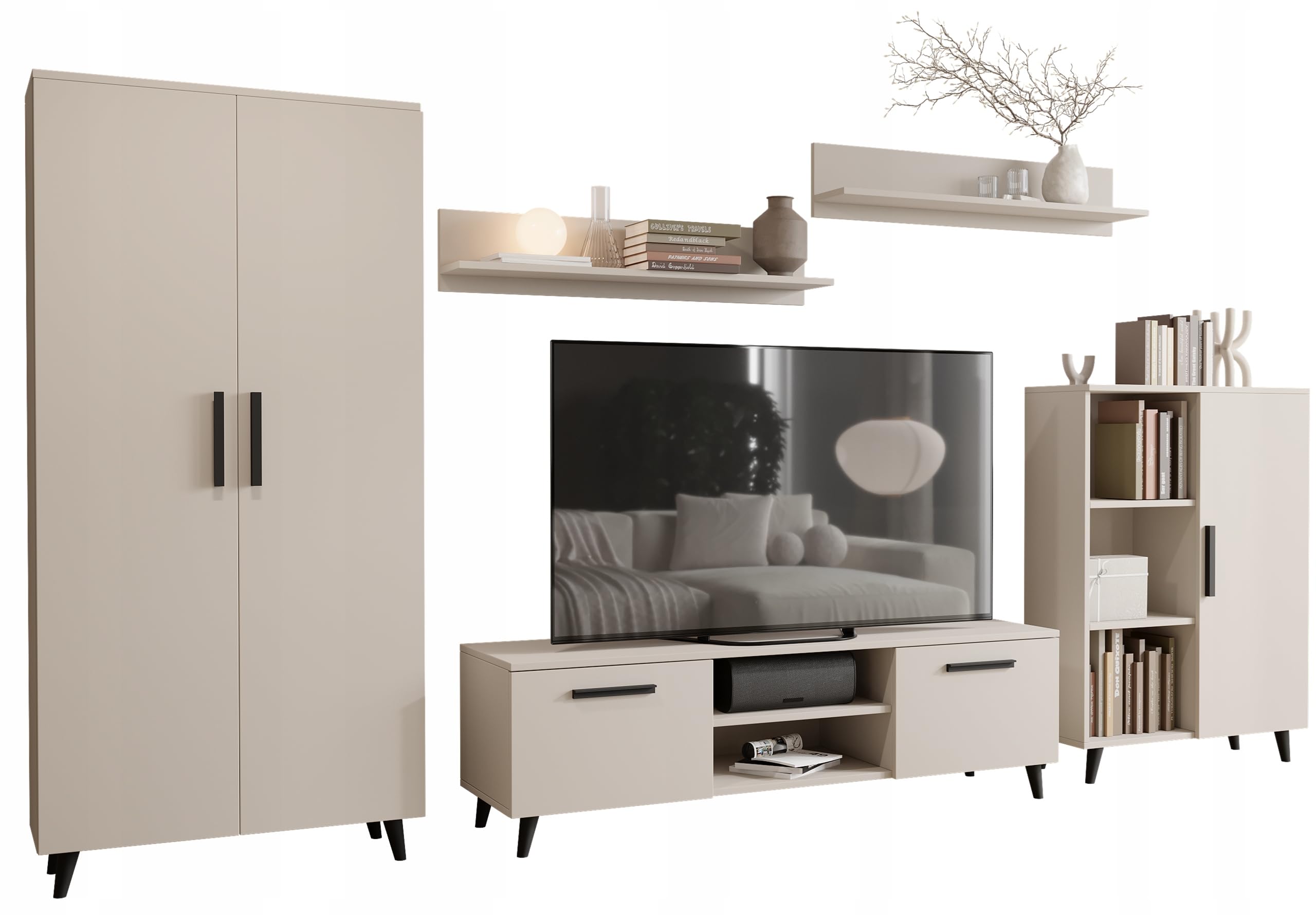 MATKAM Wohnzimmermöbel-Set Nord, 5-teilig: TV-Kommode, Wohnzimmerkommode, Schrank, 2 Hängeregale, Hochwertige Materialien (Kaschmir)