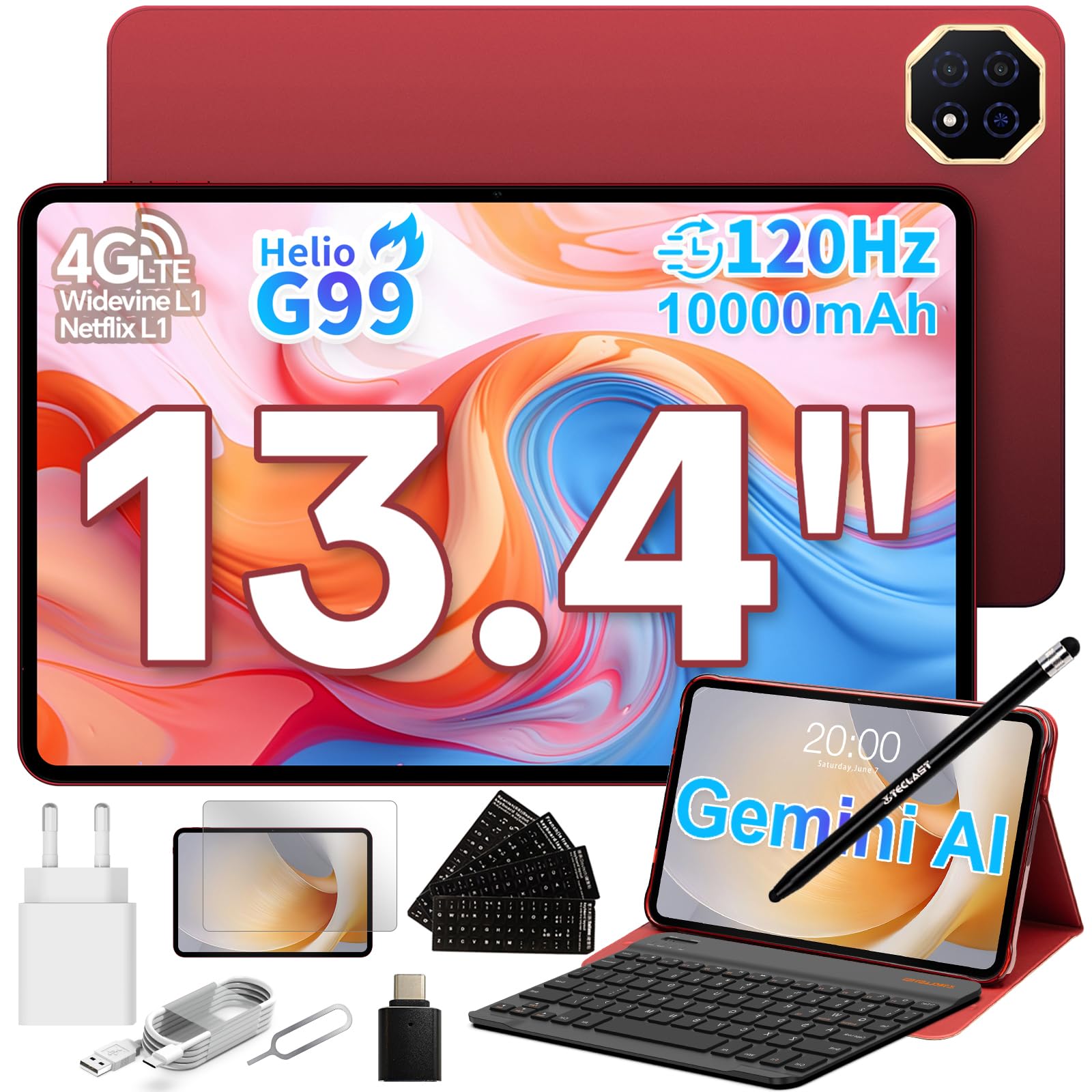 TECLAST T65 PLUS Tablet 13.4 Pollici 120Hz, Helio G99 2.2GHz Octa-Core, Dual SIM 4G LTE+5G WiFi, 10000mAh/18W, 20GB RAM 128GB(TF 8TB), Widevine L1/GPS/13MP, Android Tablets con Tastiera+Custodia+Penna