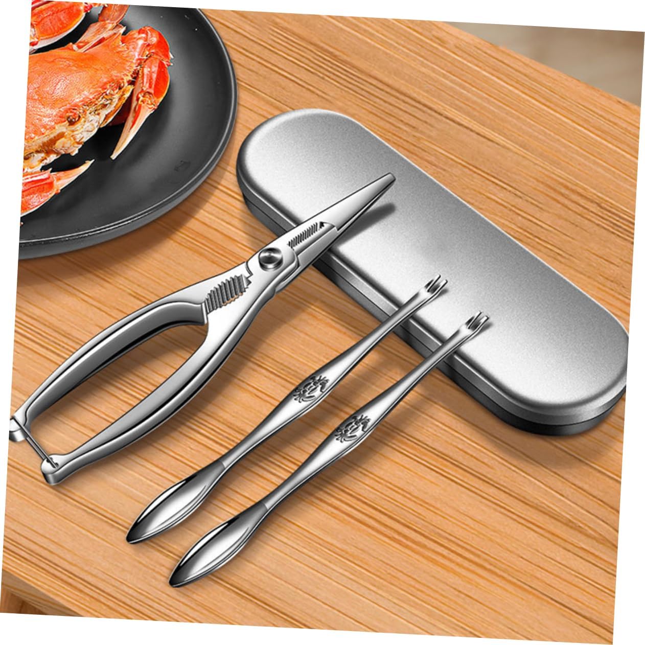 1set Seafood Tools Stainless Steel Crab Crackers and Forks Eating Utensils for Lobster and Crab Ergonomic Design for Home Dining and Parties