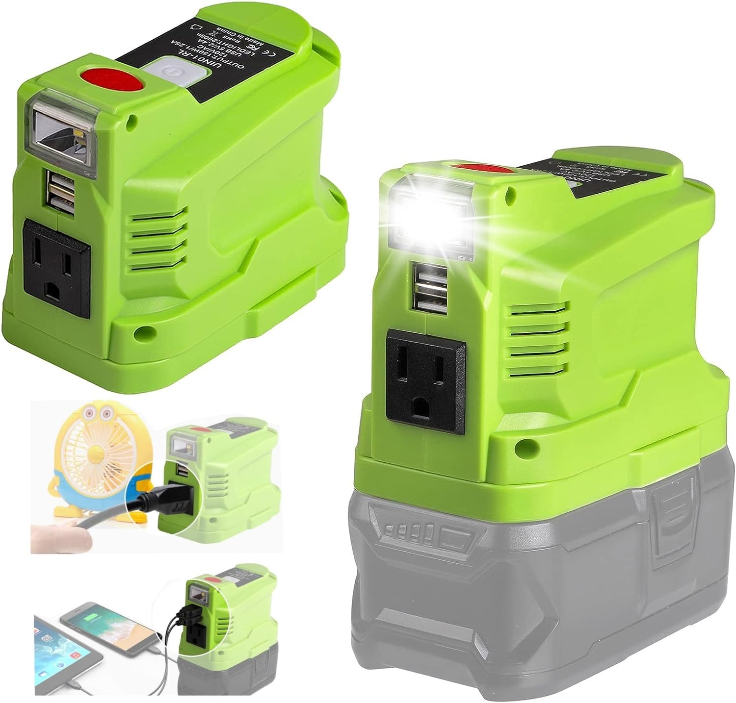 150W Power Supply Inverter for Ryobi 18V, TEPULAS DC 18V to AC 120V Power Inverter Generator, Power Source USB Phone Charger Adapter for Ryobi w/AC Outlet & LED Light (No Battery)