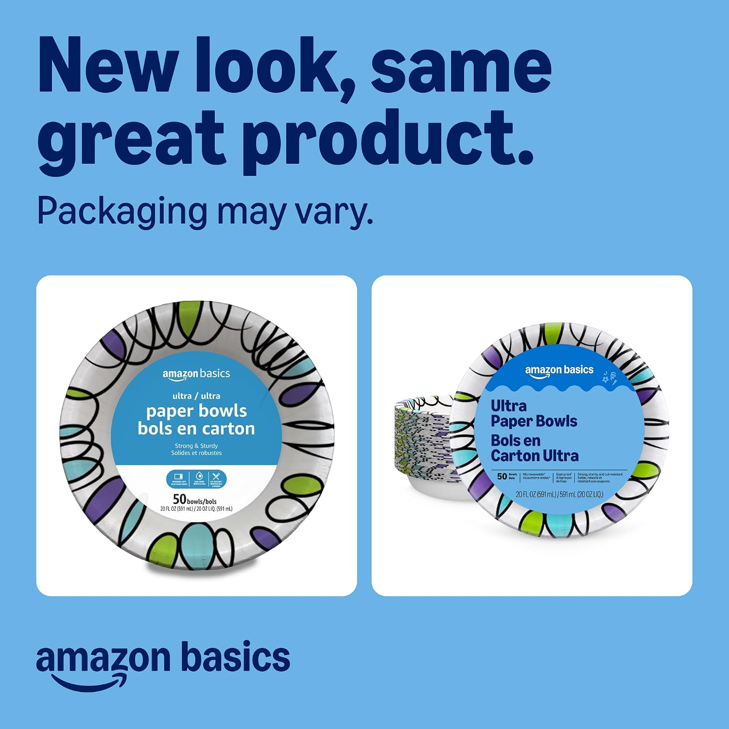 Amazon Basics Ultra Disposable Paper Bowls, 20 Oz, Microwave Safe, Soak Proof, Strong & Sturdy, White, 50 Count (Pack of 2), Packaging May Vary image 2