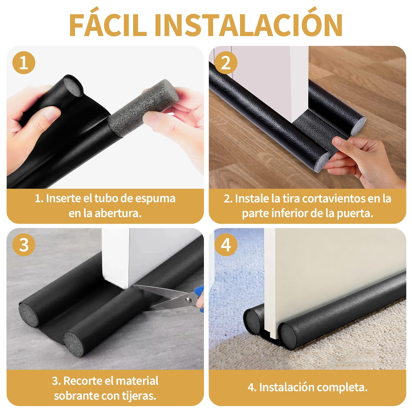 3 Piezas Cortavientos para la Puerta, Burlete Puerta Entrada 96 cm, Burletes para Puertas, Burlete Bajo Puerta Doble Aislante e Impermeable, Fácil Instalación, Negro