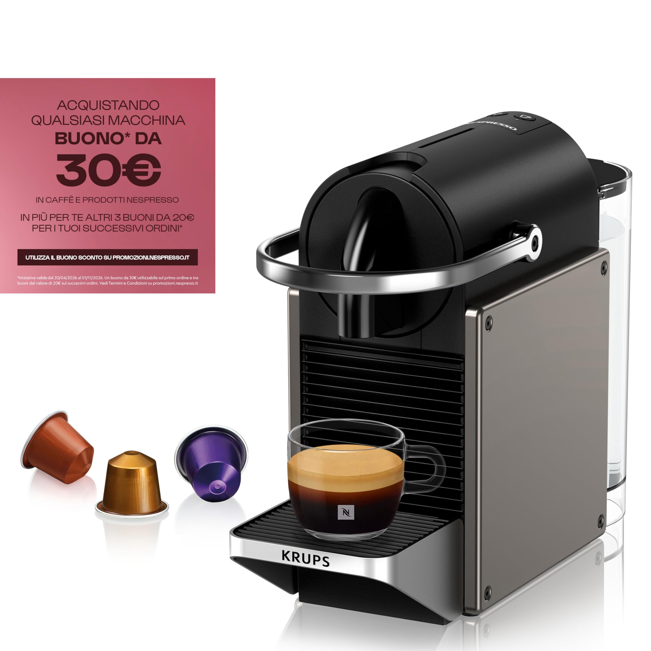 Krups XN306TK Nespresso Pixie Titan, Macchina per caffè Espresso, Ricette Programmabili, 2 Lunghezze, Spegnimento Automatico, 1260 W, 0.7 Litri