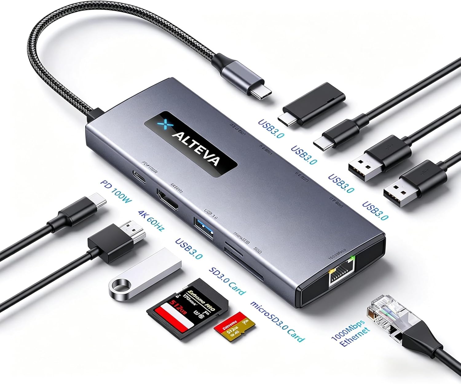 USB C Hub 10-in-1 Multiport Adapter Suitable for Laptops, Dual 4K HDMI Monitor Support, 100W PD Charging, Gigabit Ethernet, 3 USB 3.0 Ports, SD/TF Card Reader, USB C Hub