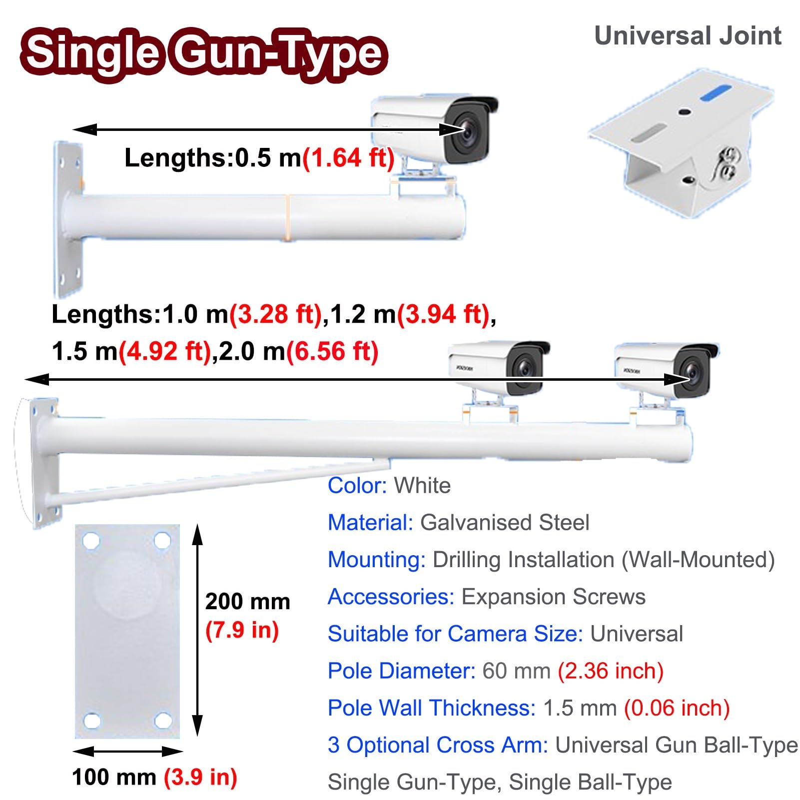 Poste de vigilancia para cámara, Soporte de Pared Extensible para cámara de Seguridad Exterior - Soporte Universal Ajustable de 1,2 m, 1,5 m y 2 m para cámaras de vigilancia - Diseño telescó