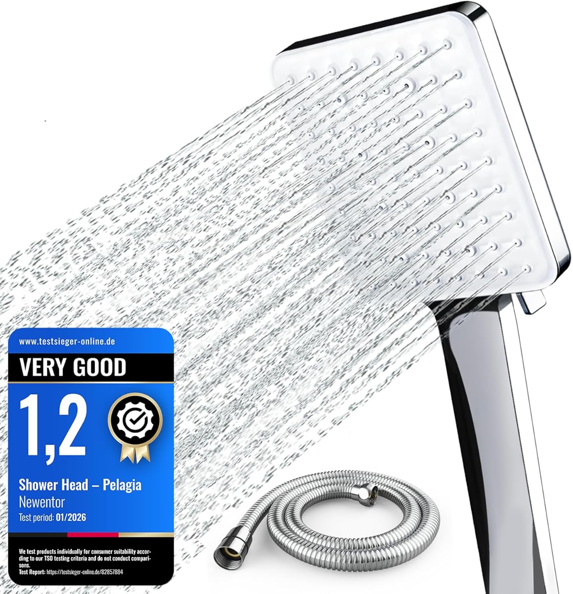 Newentor Shower Head and Hose[TESTSIEGER], High Pressure Shower Head with 6 Modes, Universal Water Saving Large Showerhead with 1.5M Hose, Silver