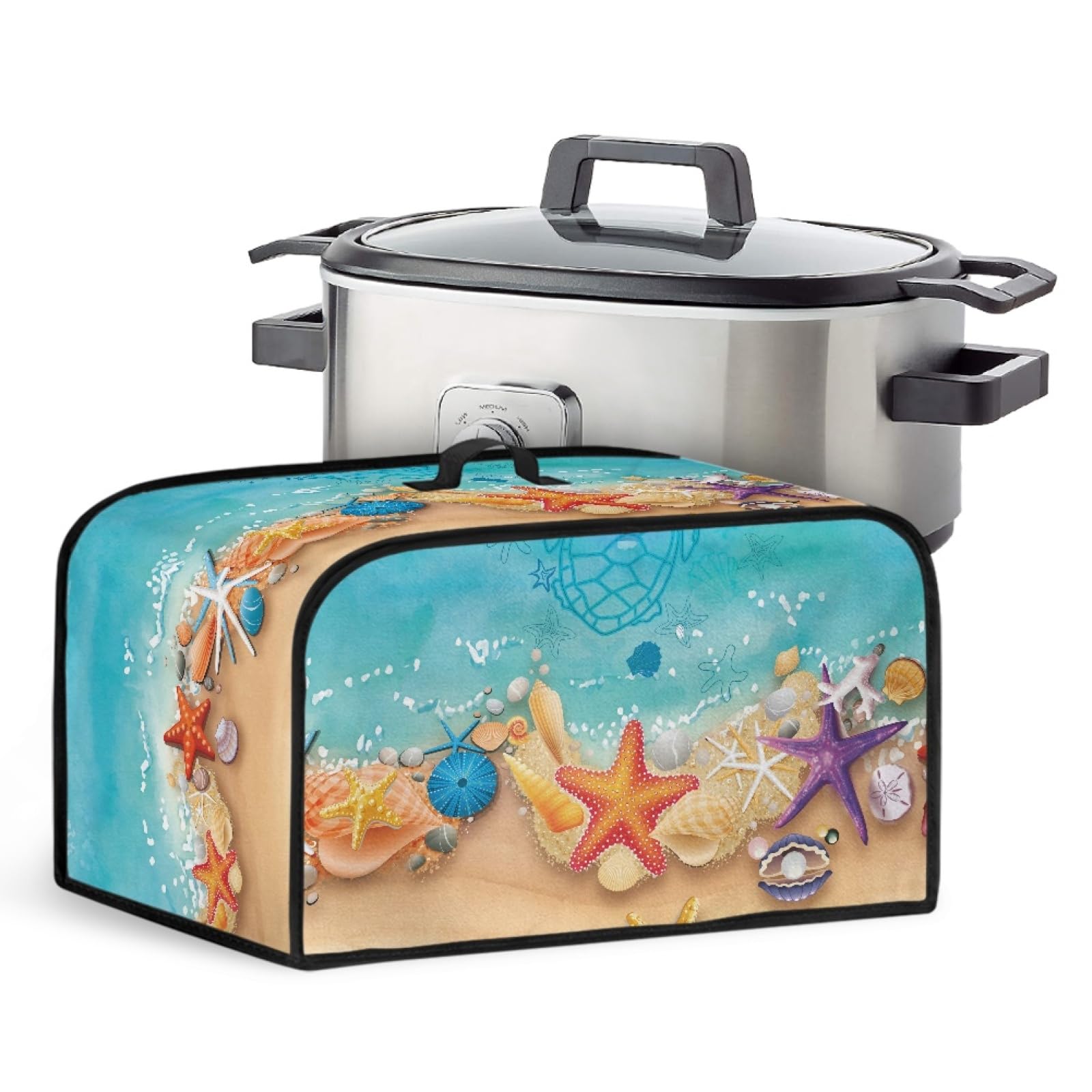Yzaoxia Coloful Starfish Shell Dust Cover for Slow Cooker Beach Sea Pattern Rice Cooker Storage Bag with Top Handle Slow Cooker Protector