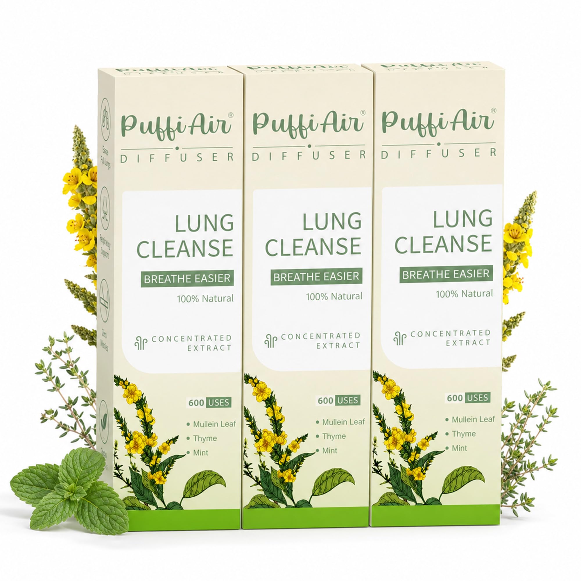 PUFFIAIR Botanical Fragrance Stick Set, Plant-Based Mullein, Thyme &amp; Mint Botanical Scent, Personal Fragrance Accessory, 3 Sticks