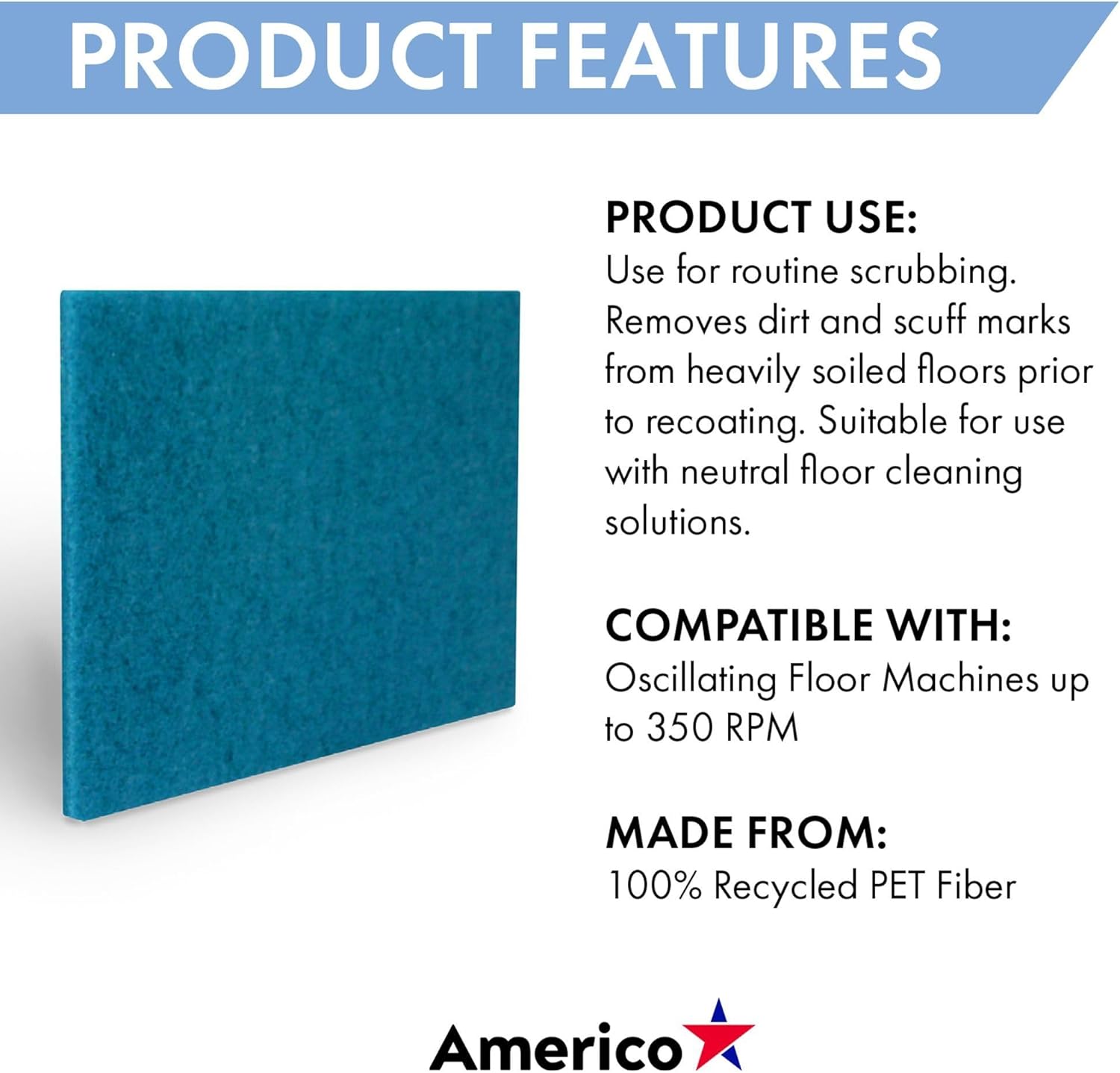 Americo Manufacturing 40041420 Blue Cleaner Floor Scrubbing Pad Rectangle (5 Pack), 14" x 20"