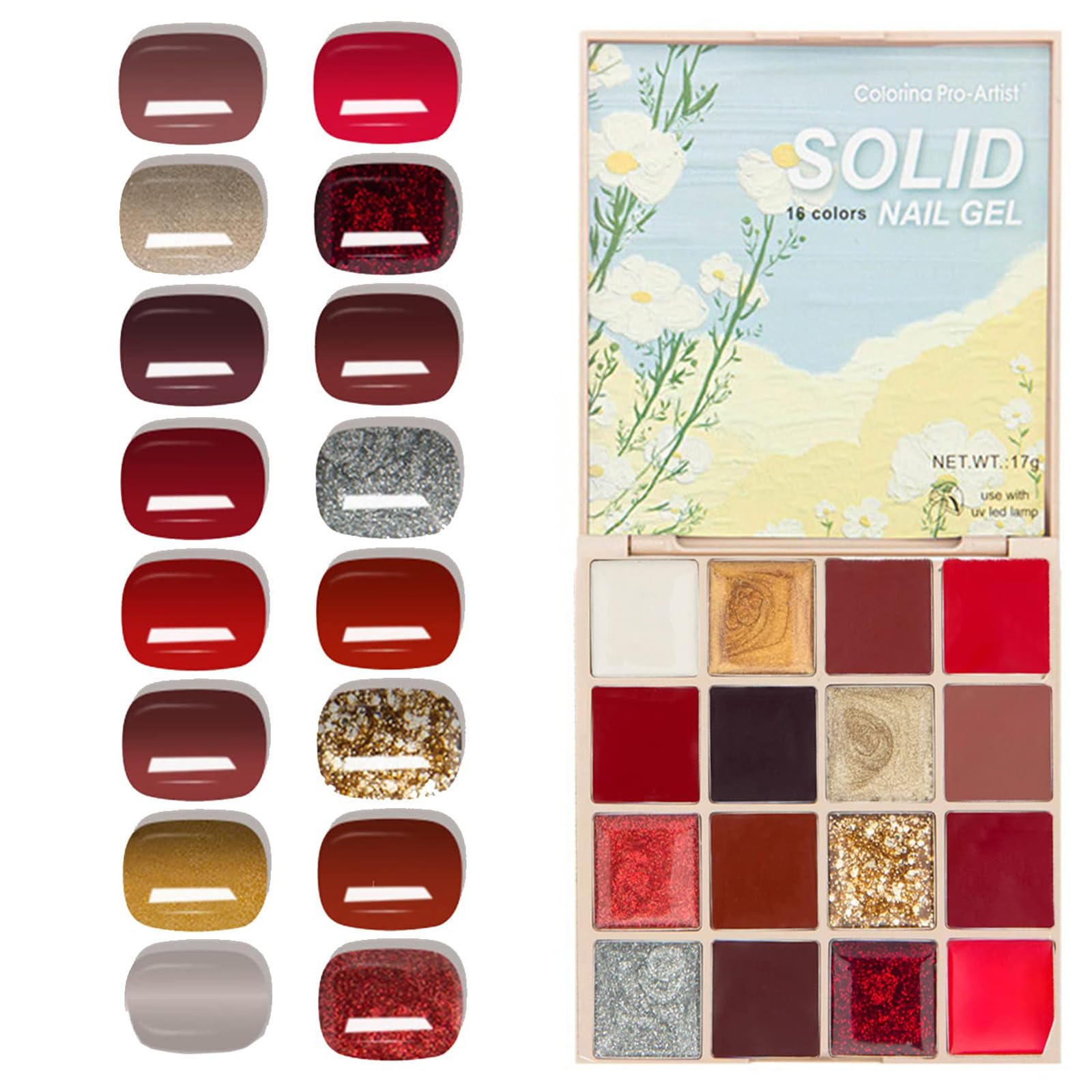 Solid Gel Nail Polish, 16 Colours Solid Gel Nail Polish Palette, Nail Art Polish Set, Nail Art Gel Polish Kit for Gel Nails, Pure and Glitter Gel Colours for Nails for Nail Polish, Nail Art Design