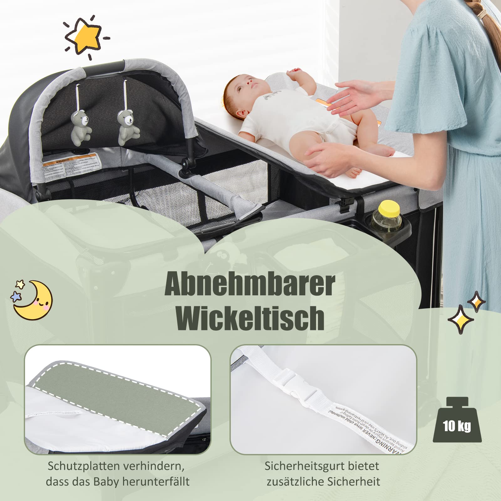 DREAMADE Reisebett Baby mit Matratze, Beistellbett mit Wiege & Wickelauflage, Babybett Set für Neugeborene & Baby bis 36 Monate,110 x 78 cm