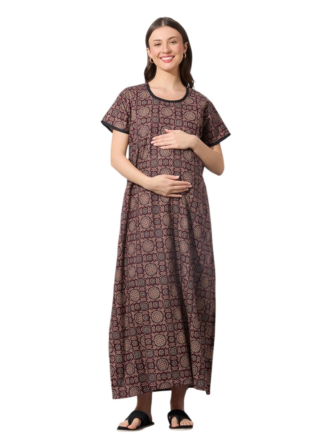Women's Cotton Printed Feeding Maternity Nighty | Nursing Gown with zips on Both Sides