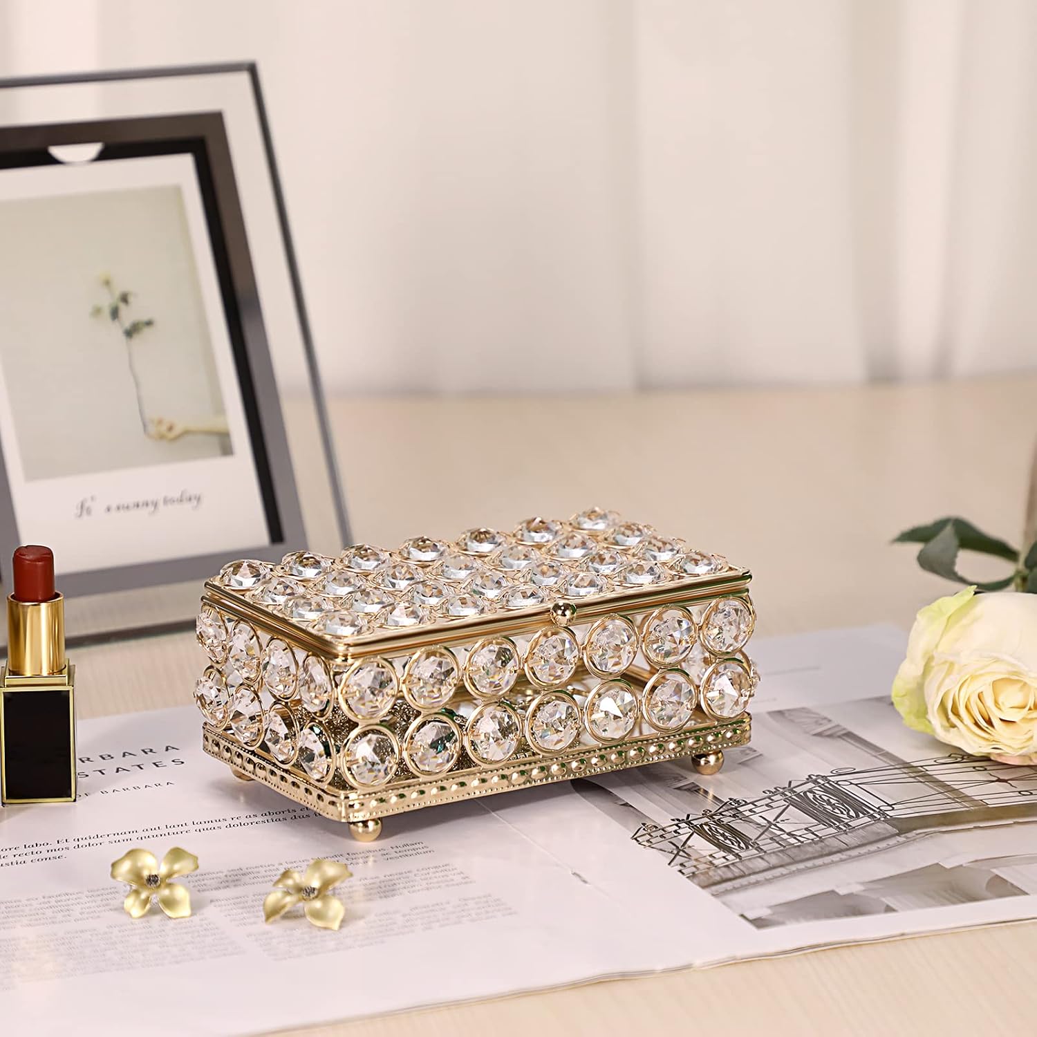 ELLDOO Crystal Jewelry Box Rectangle Trinket Organizer Earrings Rings Box Treasure Box Home Decor Accent Decorative Box with Lid for Valentine Wedding Christmas Birthday Gift, Gold, Small
