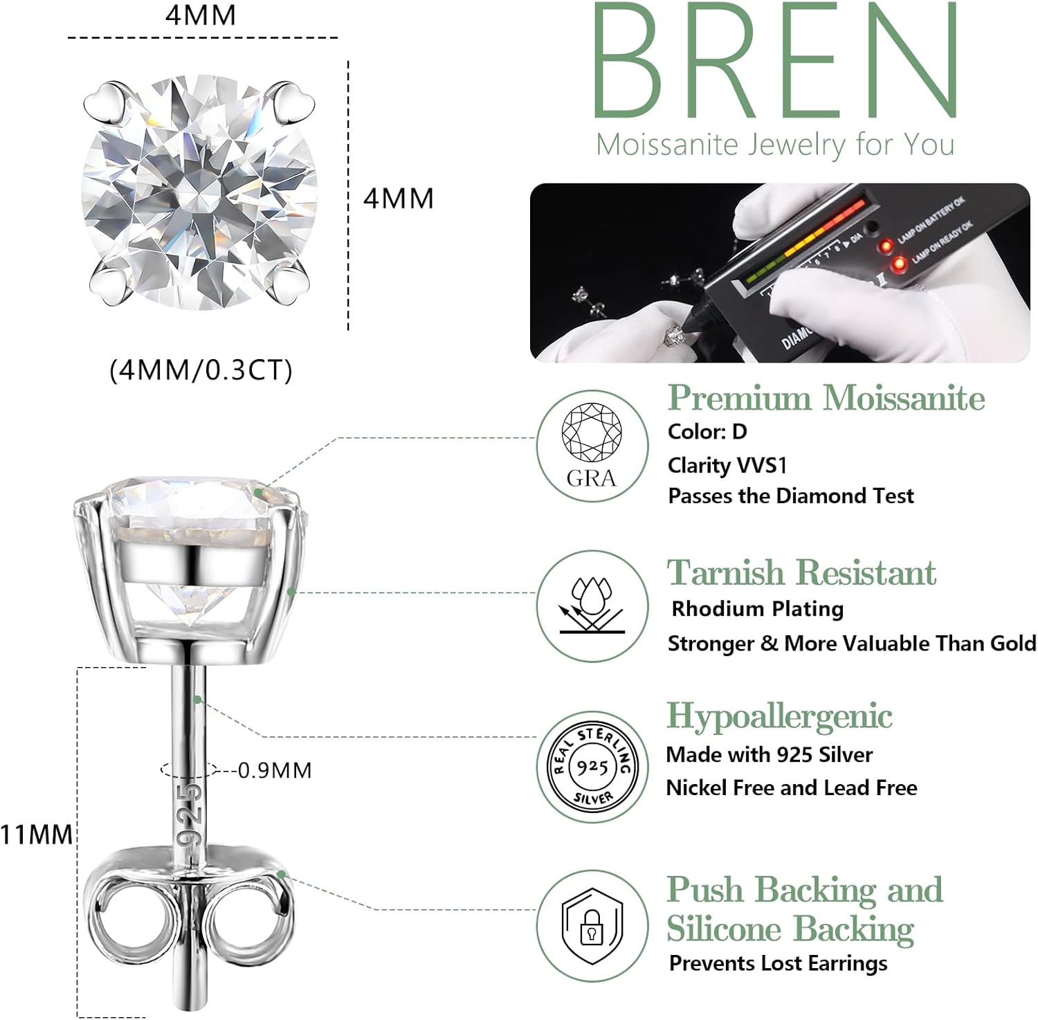 BREN Moissanite Stud Earrings, 0.2-3ct Round Lab Grown Imitation Diamond Earrings for Women & Men - 18K White Gold Plated 925 Sterling Silver