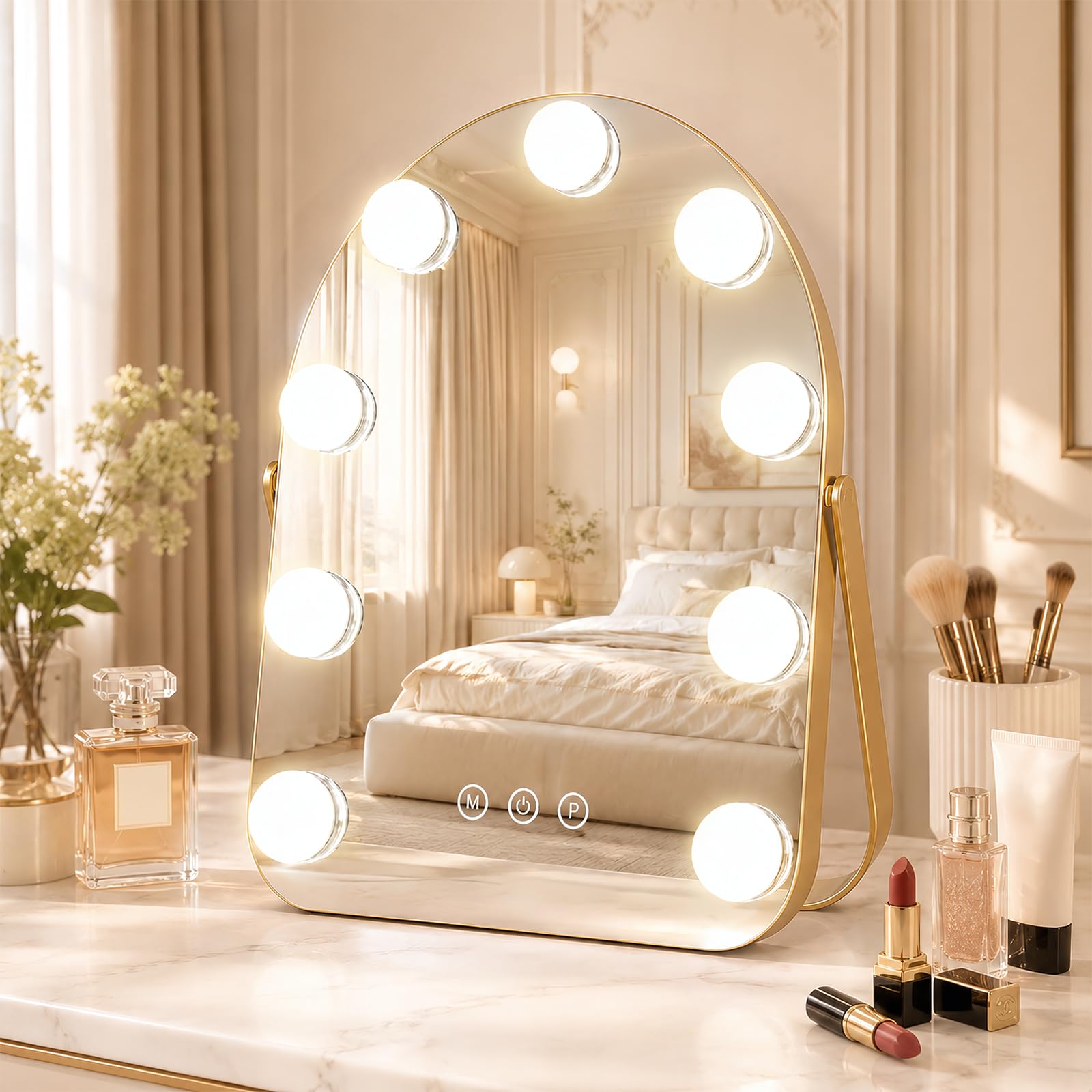 Tuocal Hollywood Vanity Mirror with Lights, 30x25cm Lighted Makeup Mirror with 9 Dimmable Bulbs, Smart Touch Control, 3 Color Lighting Modes, 360°Rotation, Smart Memory, Dressing Table Mirror Gold