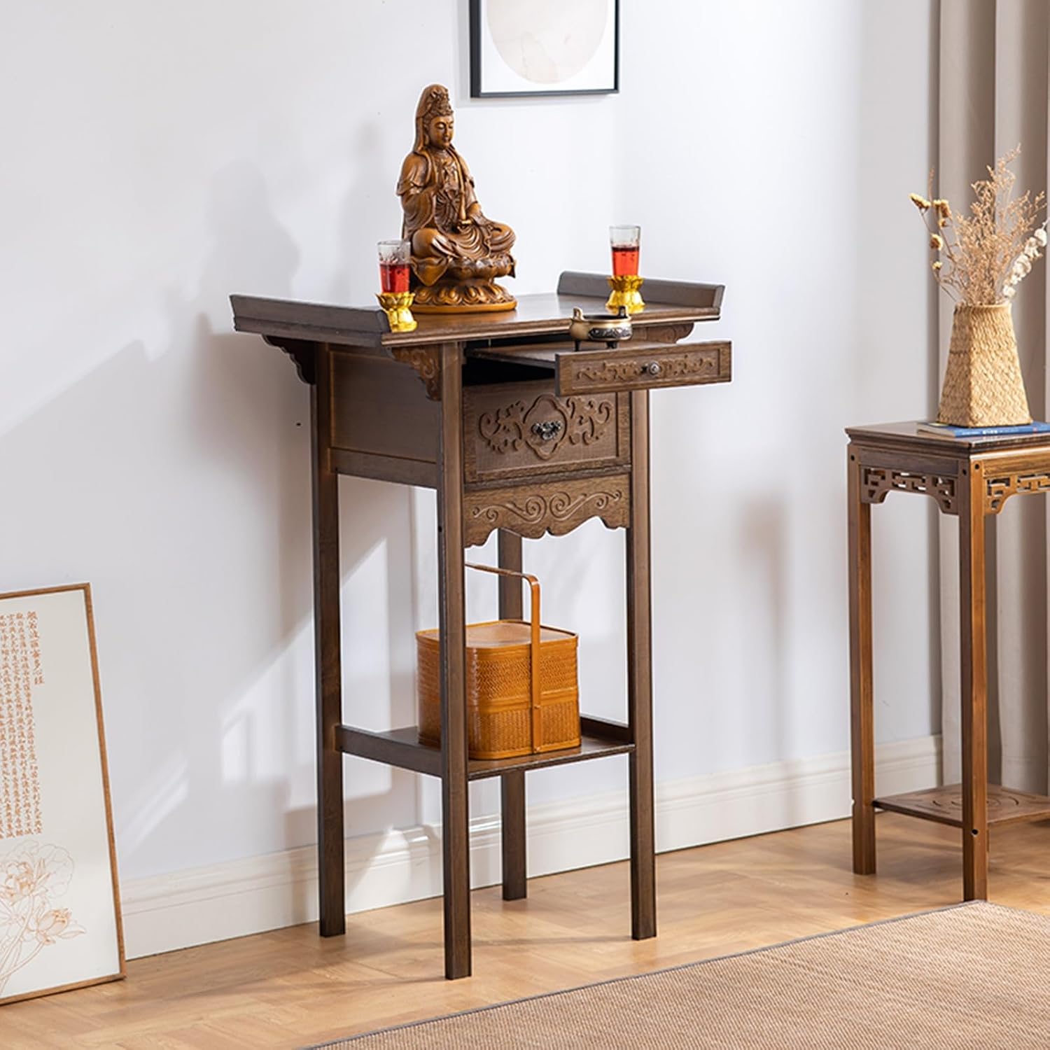 Altar Table Featuring Drawer and Shelf, Altar Table with Storage, Easy Assembly, for Living Room, Bedroom, Office(Brown,66 * 40 * 100cm/26 * 15.8 * 39.4in)