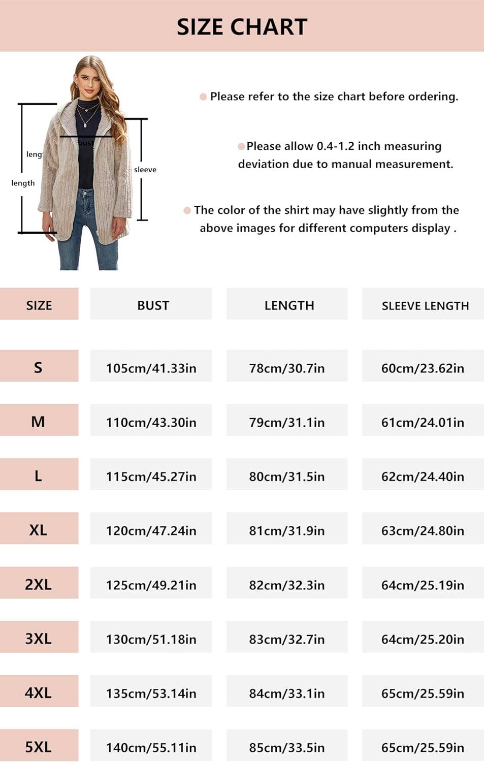 Womens Fleece Jacket Hooded Winter Warm Full Zip Long Sleeve Sherpa Jacket Coat Outerwear with Hood (S-5XL) - Image 6