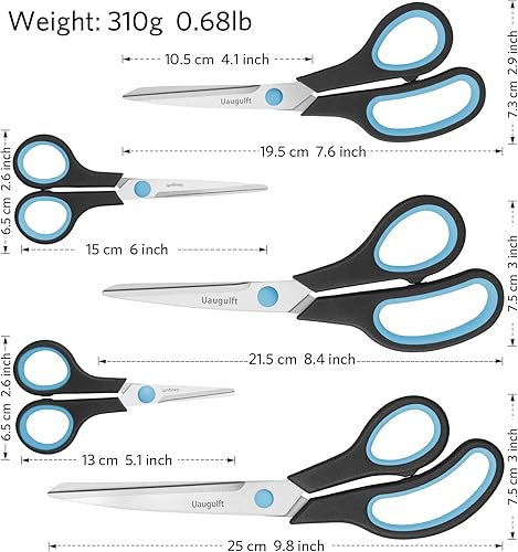 Miniatura 5 de Tijeras multiusos, tijeras de acero inoxidable con mango de agarre suave, azul y negro, 9.8/8.5/7.6/6'/5', juego de 5