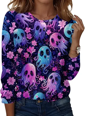 Halloween Shirts for Women Long Sleeve Plus Size Fashion Crewneck Comfortable Tshirts Halloween Costumes for Women