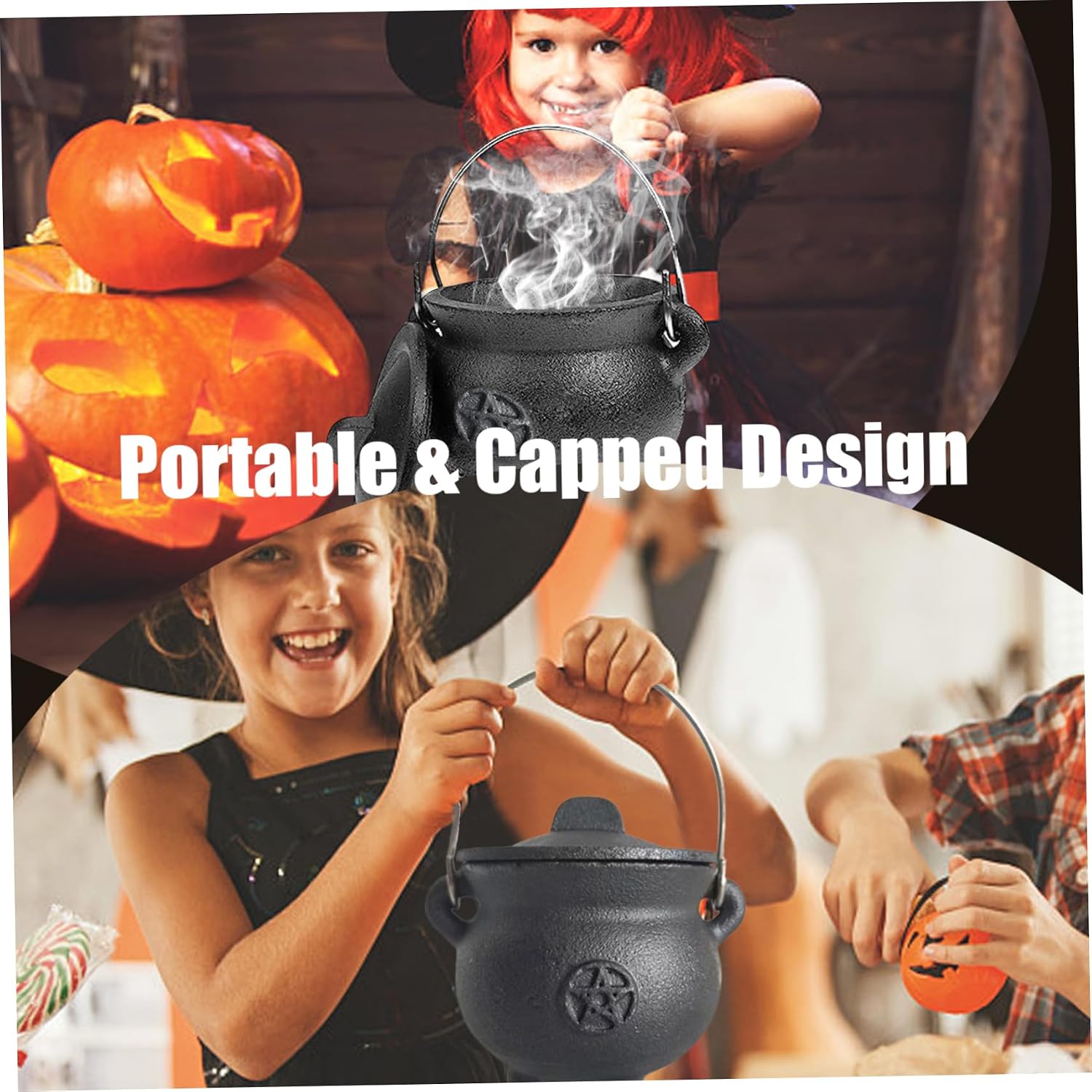 Cast Iron Cauldron with Lid and Handle Halloween 3.94x2.95x2.95inch Cauldron Decorative Candle Incense Burning Witchcraft Pot, Moon image 2