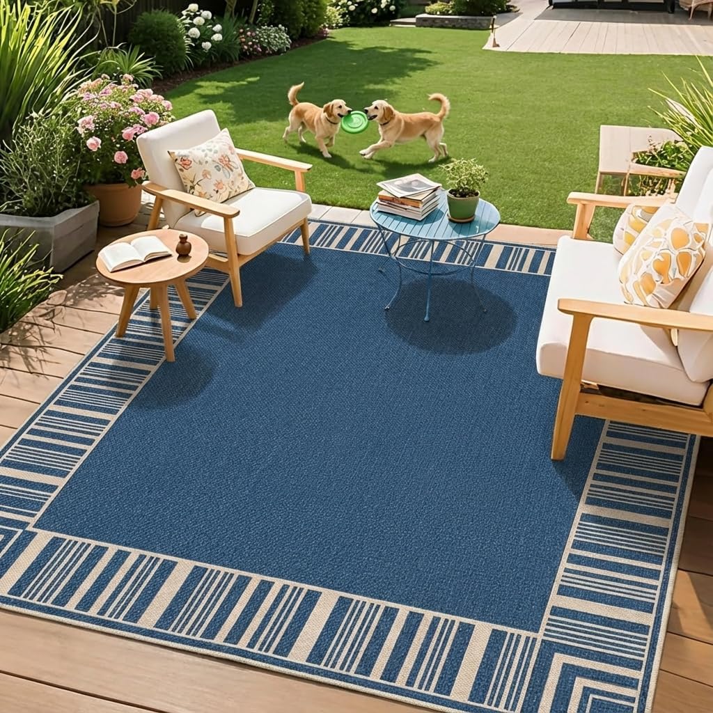 COZYLOOM 9x12 Indoor Outdoor Rugs Machine Washable Area Rugs for Living Room, Non Slip Non Shedding Bordered Easy Jute Rug Stain Resistant Modern Striped Carpet for Bedroom, Patio, Backyard, Blue