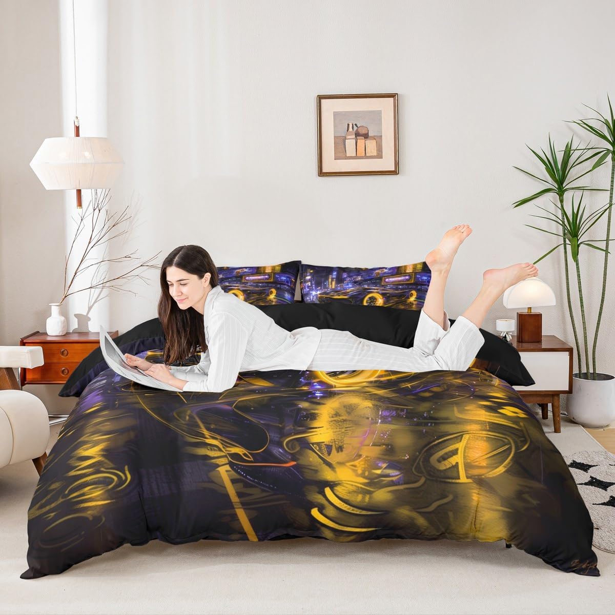 Sports Car Duvet Cover Set Queen Size,Racing Car Theme Modern City Reversible Quilt Cover Set (NO Comforter),Cool Yellow Purple Neon Light Soft Comforter Cover for Dorm Room, Zipper image 3