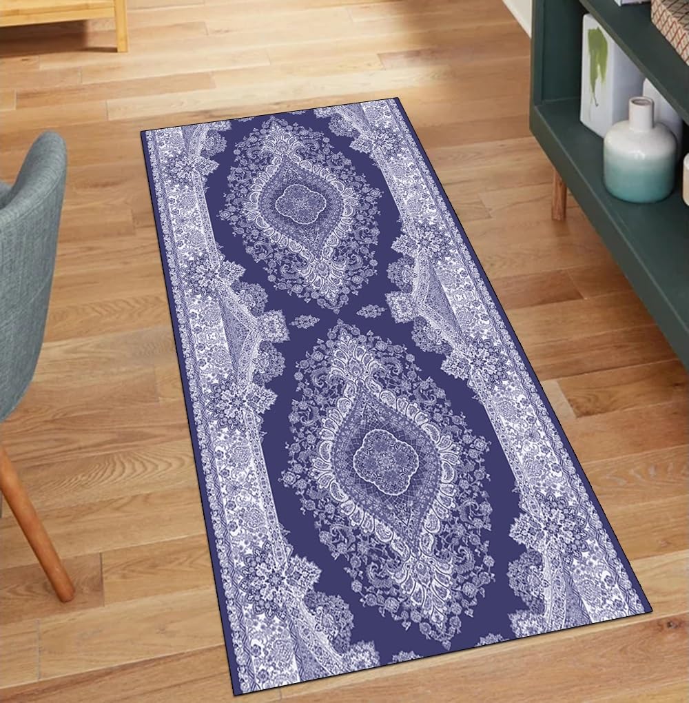 Alfombra de pasillo lavable y antideslizante azul de 80x90 con tejido vintage resistente