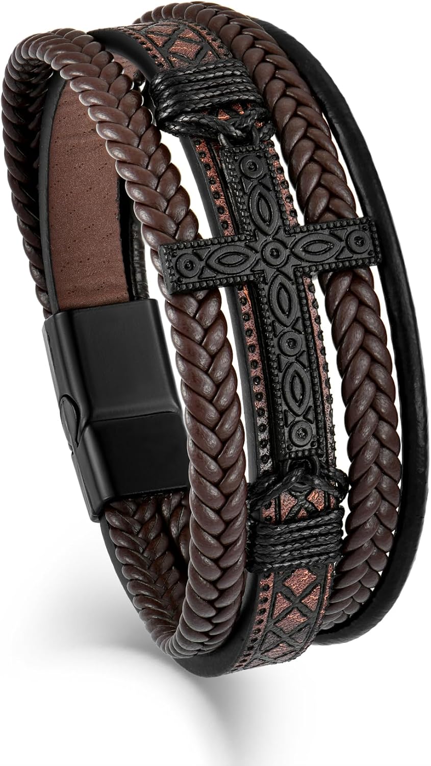 Veshon Mens Cuff Cross Bracelet Multi-Layer Braided Leather Cross Bracelet for Religious Bangle Wristband Faith Christian Jewelry for Men Teen