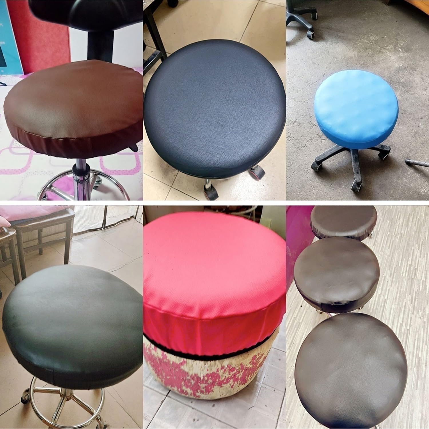 Bar Stool Cover Waterproof Round Seat Cushion Cover Stretch Barstool Slipcovers Set of 1/2/4/ 6 PU Leather Bar Chair Covers with Non Slip Bottom for Bar, Kitchen, Dining Room(3,6PCS_12-15INCH)