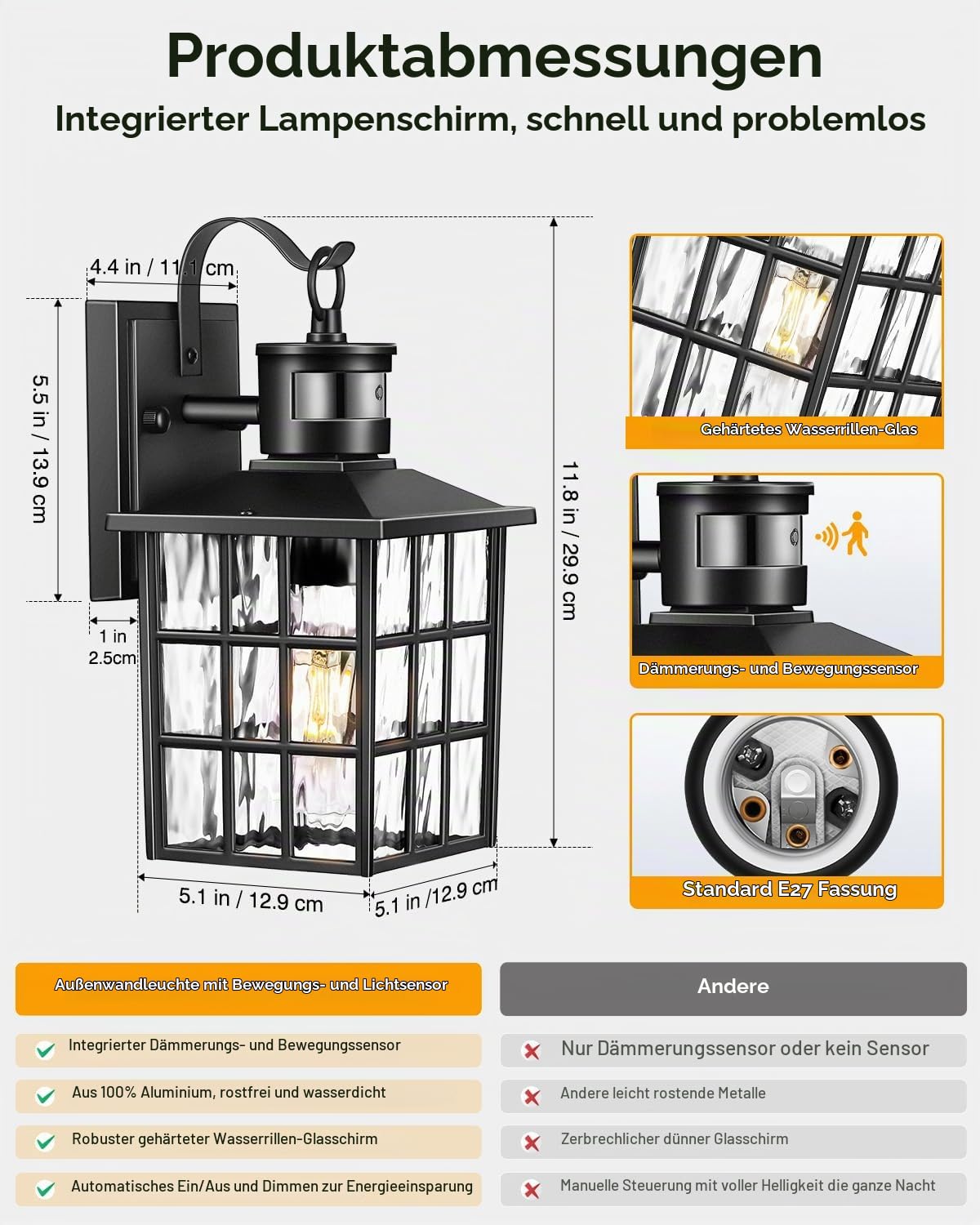 VIANIS Außenleuchte mit Bewegungsmelder, Schwarz PIR Aussenlampe Wand, Robuste Aussenbeleuchtung aus Aluminium, Moderne Balkonlampen Aussen Wand, Lampe Aussenbereich für Haustür, Pavillon, Dachtraufe