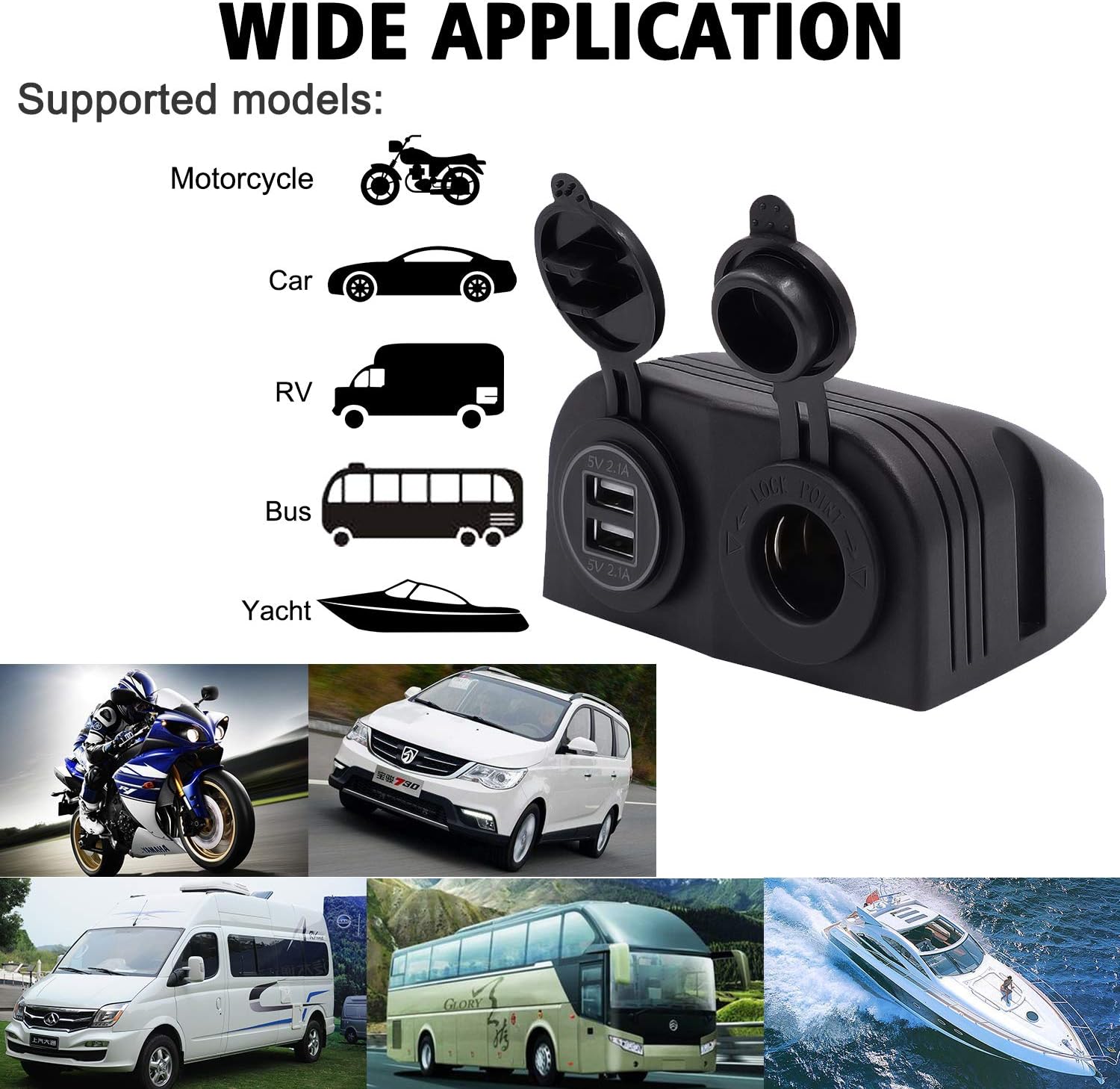 BlueFire Two Hole Tent Type Panel 4.2a Dual USB Charger + 12V/24V Cigarette Lighter Socket for Car Motorcycle Boat Marine ATV RV