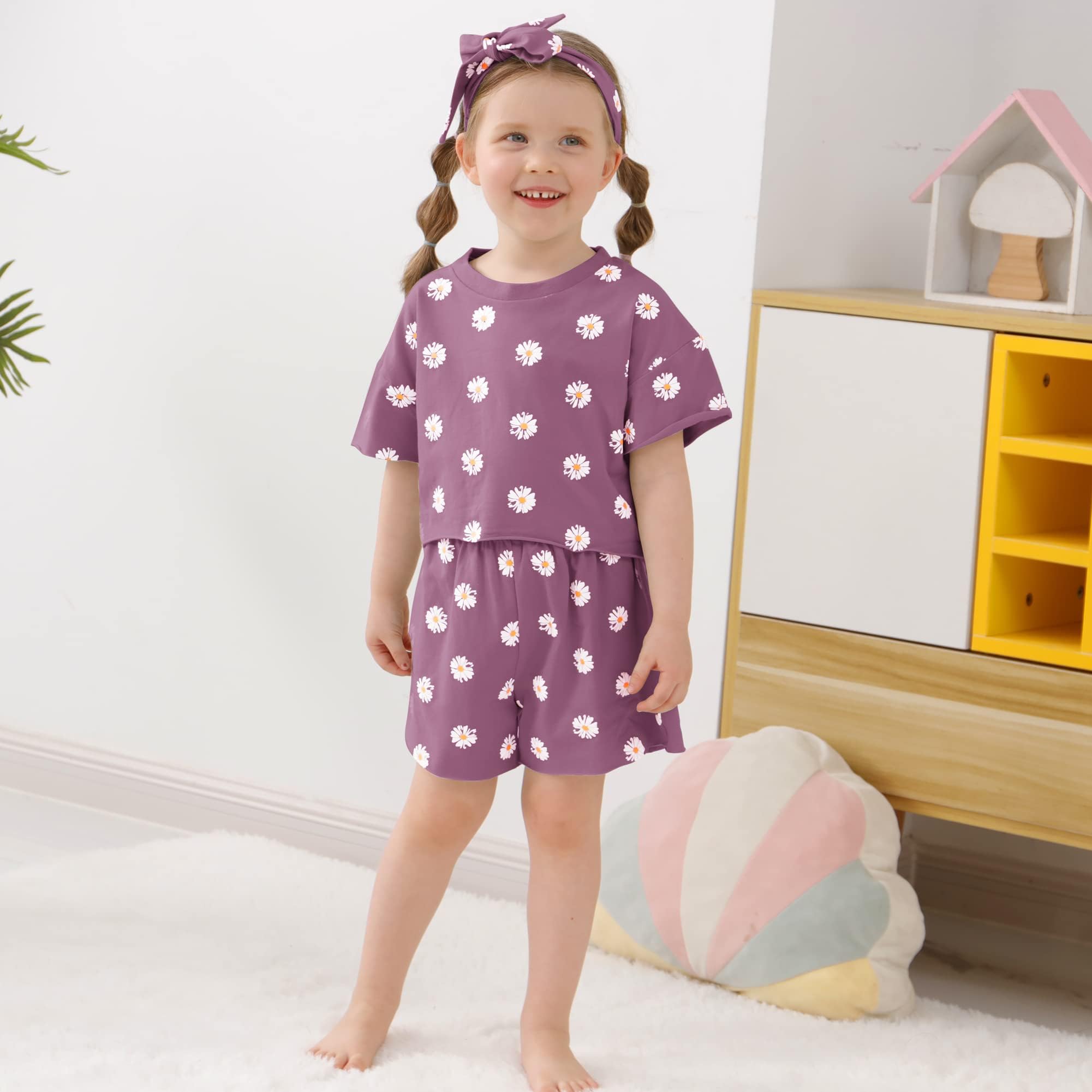 FYBITBO Toddler Baby Girl Clothes 0 3 6 9 12 18 24 Months 2T 3T Summer Outfits Daisy Short Sleeve T-Shirt Top Shorts Set (Purple Daisy, 6-12 Months)