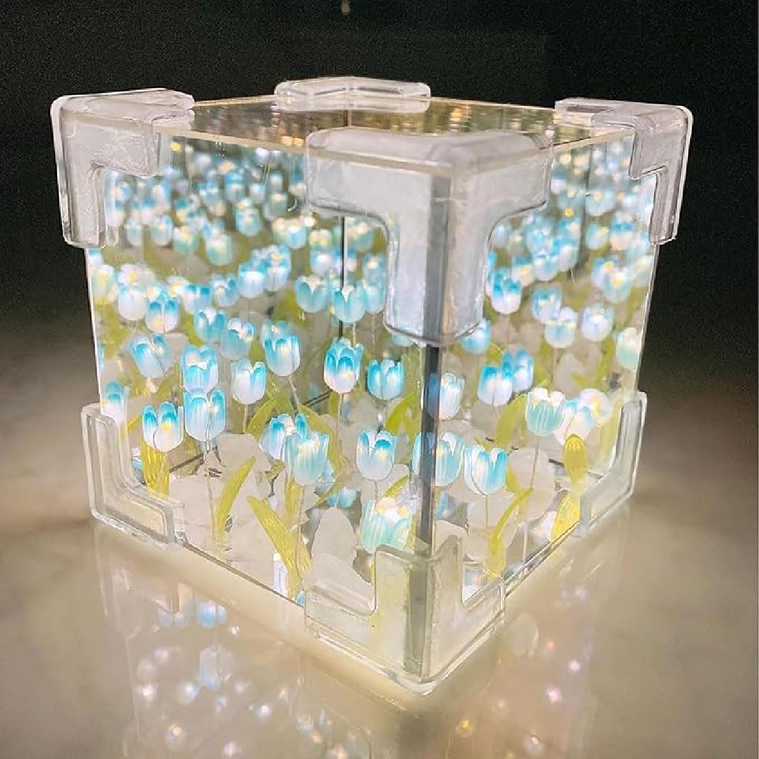 Cogoall Blue Blossom Box Diy Tulips Cube Mirror Night Light, Desk Lamp For Home Decor (Blue)
