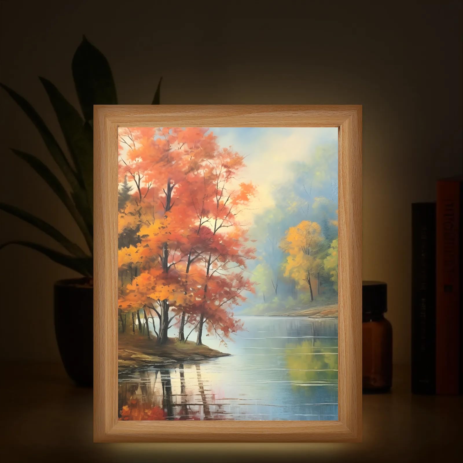 Light Up Painting, Autumn Forest Wall Art Picture Light Oil Painting Forest Light Up Desktop Art Decor, 10 Brightness, USB Powered, 3 Lighting Modes, Anxiety Relief Gift for Bedroom Home-Without Frame