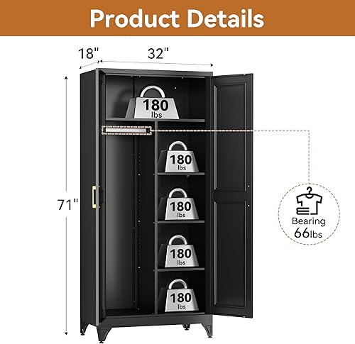 Miniatura 3 de Metal Armoire Wardrobe Closet, 71" Tall Wardrobe Cabinet with 2 Doors, Hanging Rod and Adjustable Shelves, Steel Clothing Storage Cabinet for