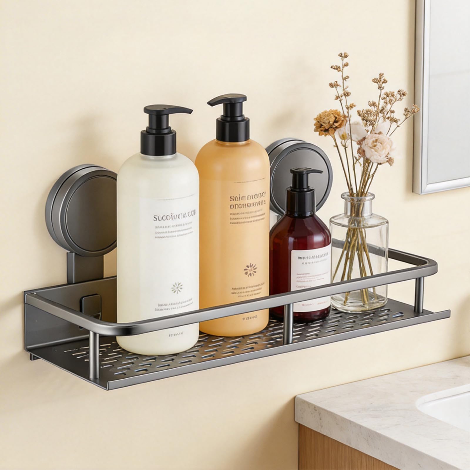 YancLife Suction Shower Caddy - Grey Suction Cup Shower Organiser, No Drilling Storage Basket for Spice Jars and Shampoo, Wall Mounted Bathroom Shelf for Kitchen, Living Room, Bedroom, Office