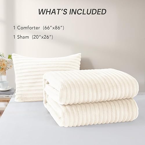 Miniatura 7 de Geniospin Juego de edredón de forro polar tamaño individual, suave y mullido, juego de edredón blanco de 2 piezas para todas las estaciones, edredón